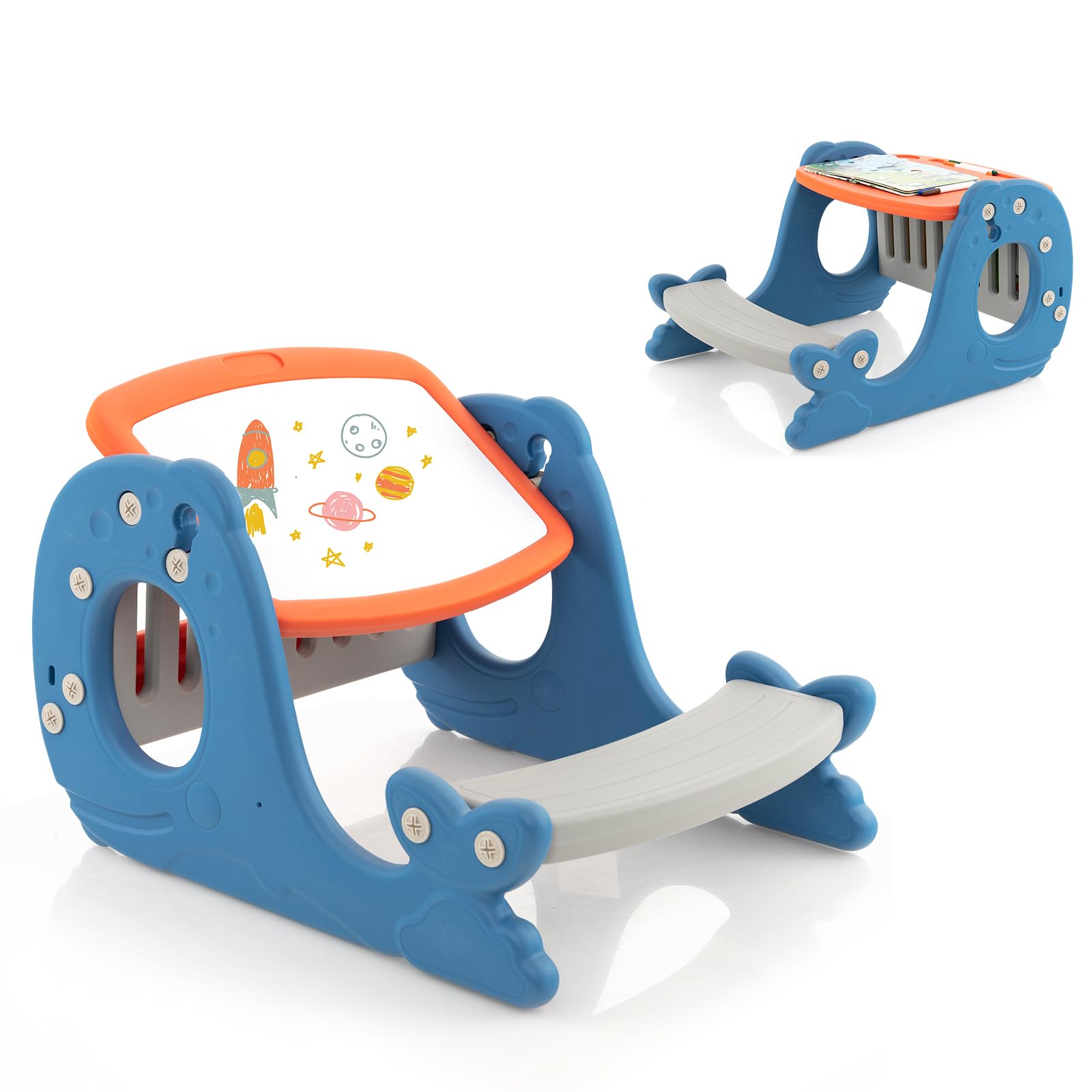 DREAMADE 4 in 1 Kinder Staffelei mit Stuhl, multifunktionale Kinderstaffelei mit Wendbare Tischplatte, Whiteboard & Bücherregal, Kindertisch Aktivitätstisch Zeichentisch für Kinder ab 1 Jahre