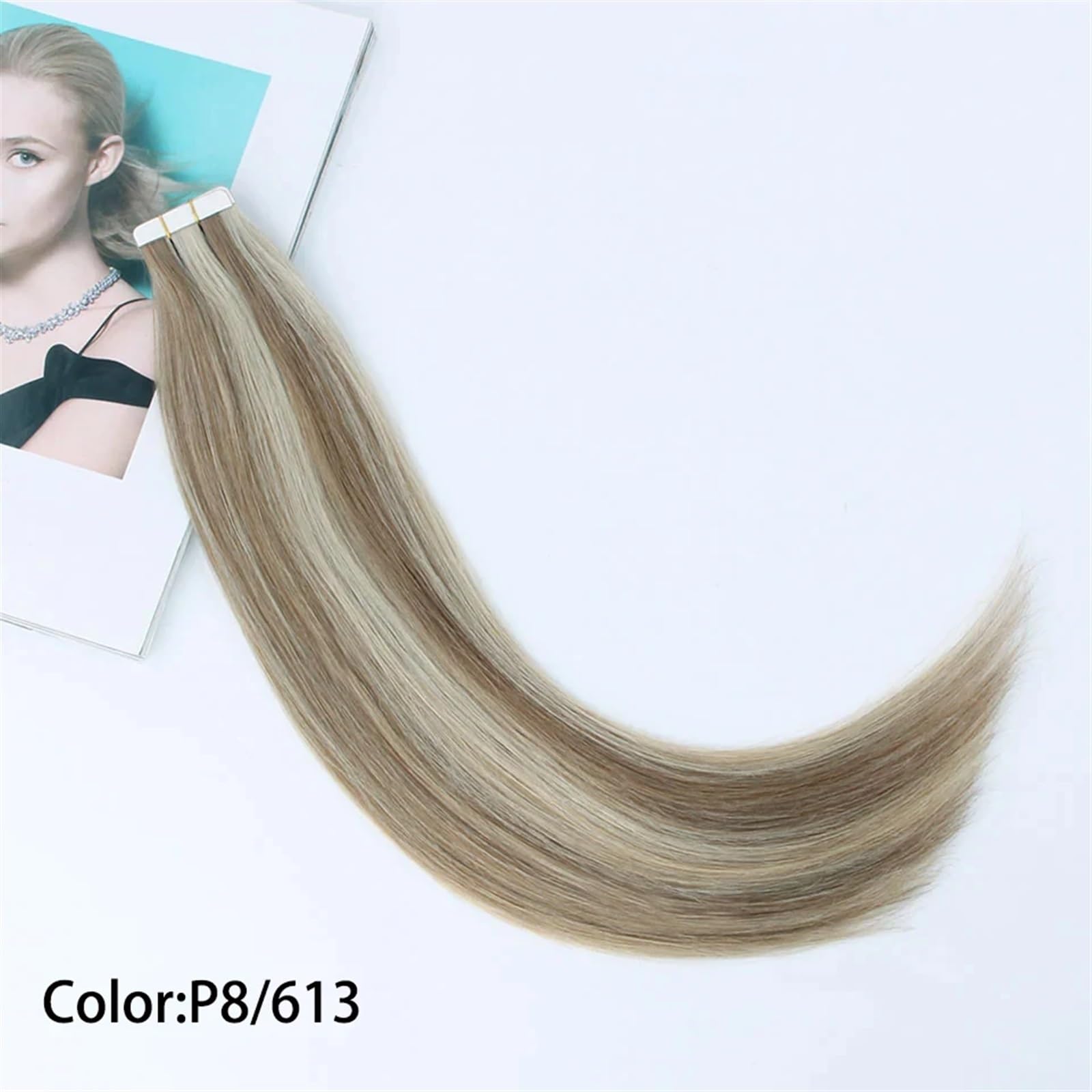 Bandverlängerungen Nahtlose doppelseitige Rooted Highlight Remy Straight Tape-in-Extensions, echtes Remy-Echthaar, Aschbraun-Strandblond mit dunkelbraunem Ansatz #P8/613 Haarverlängerungen (Size : 60