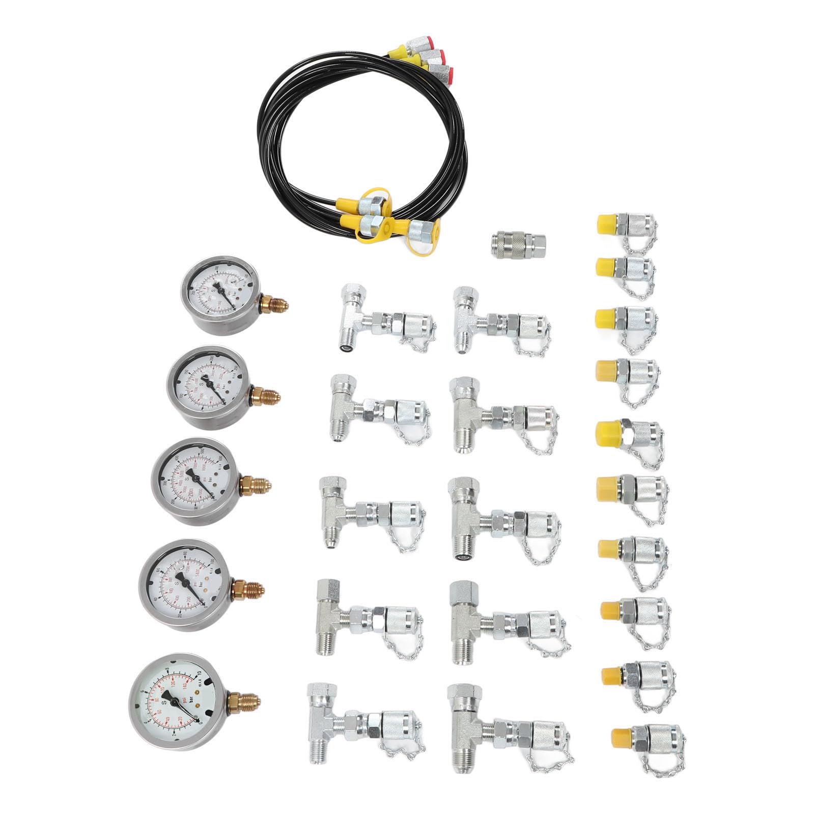 Kit di Prova della Pressione idraulica per escavatori con 5 manometri, 11 raccordi di Prova, 10 connettori a T e 3 Tubi Flessibili di Prova