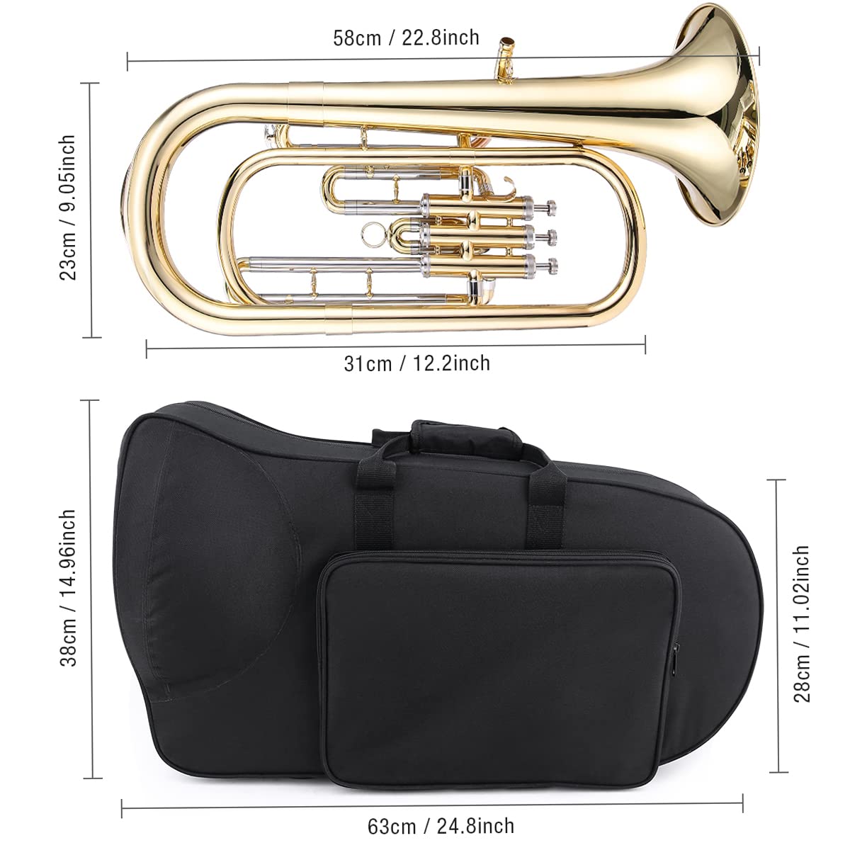 Btuty Barytonhorn Bb Brass Style Piston Goldlac-k Surface Instrument à vent avec gants, chiffon de nettoyage pour débutants