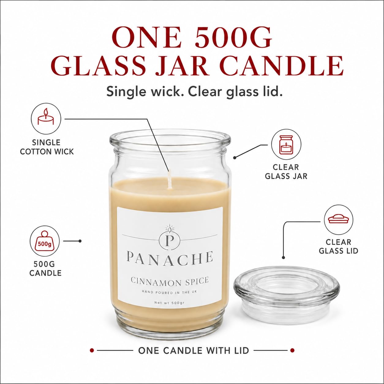 Panache Candela profumata alla cannella e spezie, barattolo di cera di soia da 500 g, combustione 60 ore, profumo classico speziato, ottimo regalo per donne, relax e decorazione