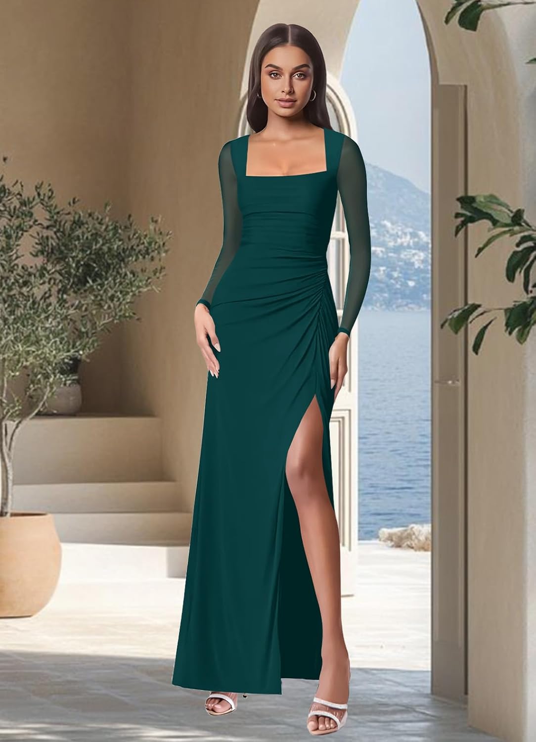 Women Mesh Long Sleeve Square Neck Ruched Sheath Formal Evening Maxi Dress Cocktail Party Wedding Guest Dresses - Image 4