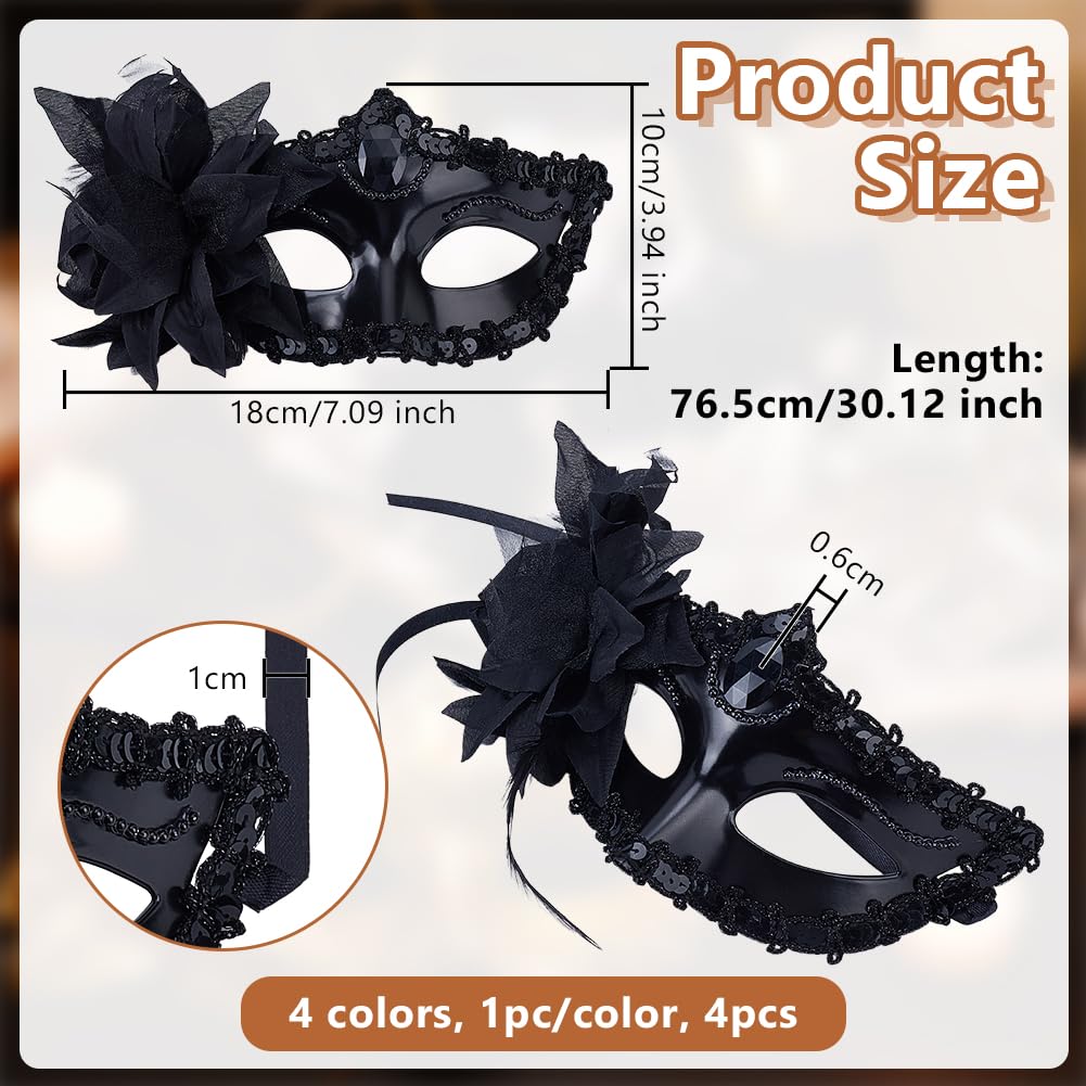 OLYCRAFT 4Pcs 4 Color Masquerade Mask Set Venetian Style Party Masks with Ties Rhinestone Masquerade Masks Reusable Feather Lace Party Mask for Women Halloween Carnival Mardi Gras Venetian - Image 2