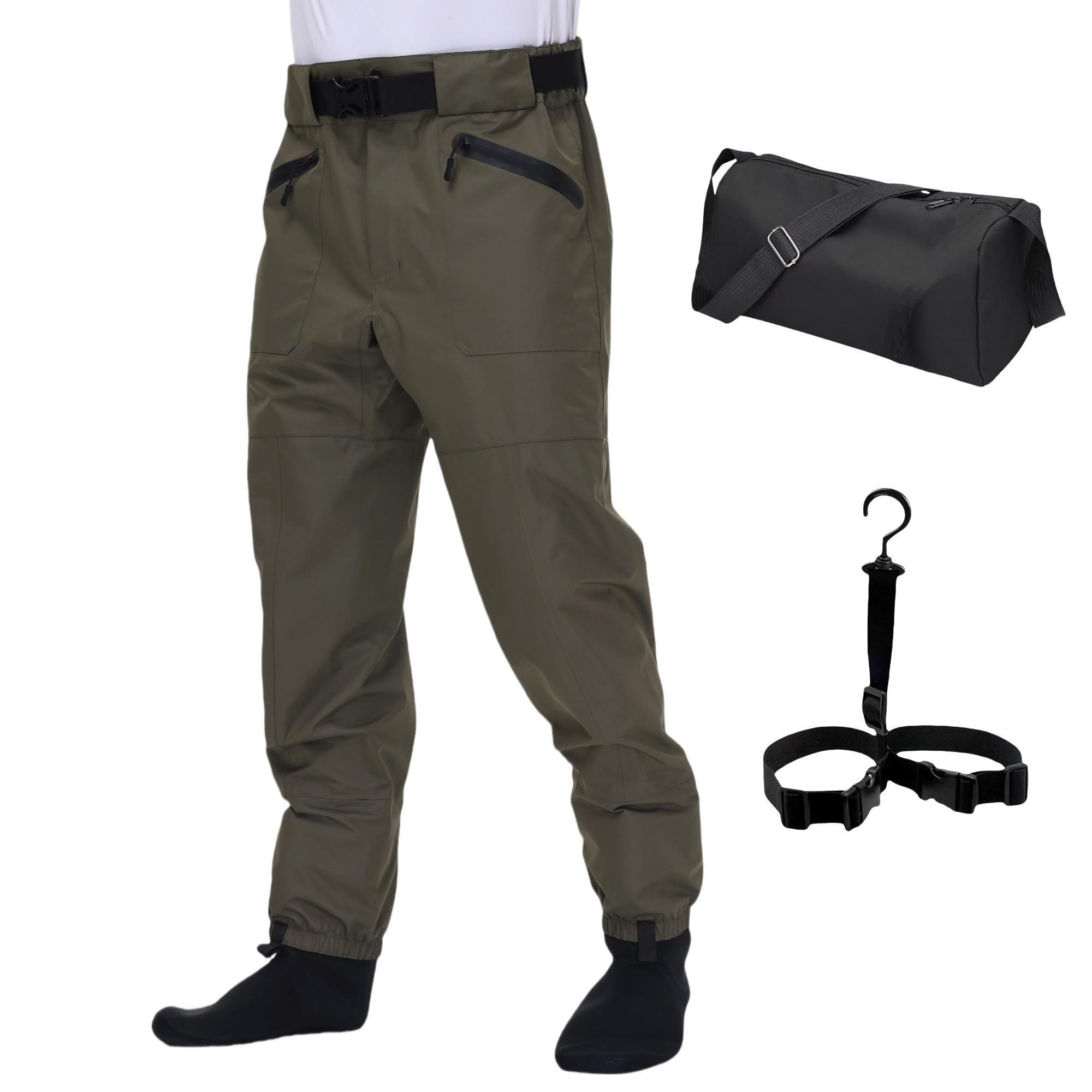 Fishing Waders for Men and Women,Wading Pants with Neoprene Stocking Foot,Fishing Waist Waders Pants with Pockets