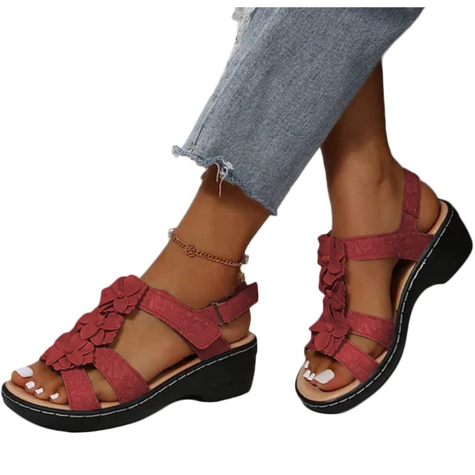 EEUKOrthopedic Sandals for Women,arch Support Anti-slip Breathable Sandal, Women Low Wedge Heel Sandals Open Toe Lady Work Summer Shoes Adjustable Straps with Hook & Loop Closure(Size:US 10,Color:Black)