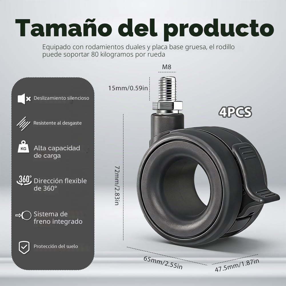 Ruedas para muebles con freno, juego de 4 ruedas, ruedas de transporte, ruedas de carga pesada negras, hasta 80 kg de capacidad, ruedas giratorias de ø65 mm con perno de rosca M8, ruedas para muebles