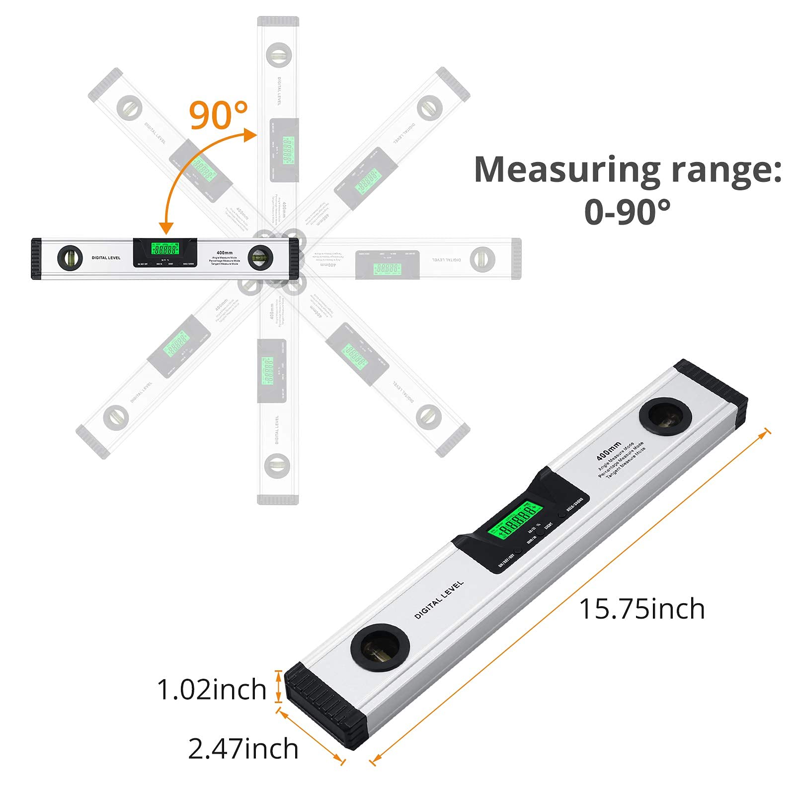 Neoteck cyfrowy poziomica bąbelkowa 400 mm/16 cali z cyfrowym wskaźnikiem audio Spirit Level-Finder kąt ze stopu aluminium z magnetyczną podstawą narzędzia pomiarowe kąt duży przezroczysty wyświetlacz