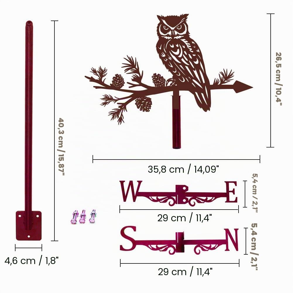 SUPERDANT Banderuola Segnavento A Forma di Gufo Segnavento da Metallo per Tetto Palo Da Giardino Banderuola da Metallo per Animali Direzione Del Vento Fattoria Cortile Fienile Rame Rosso