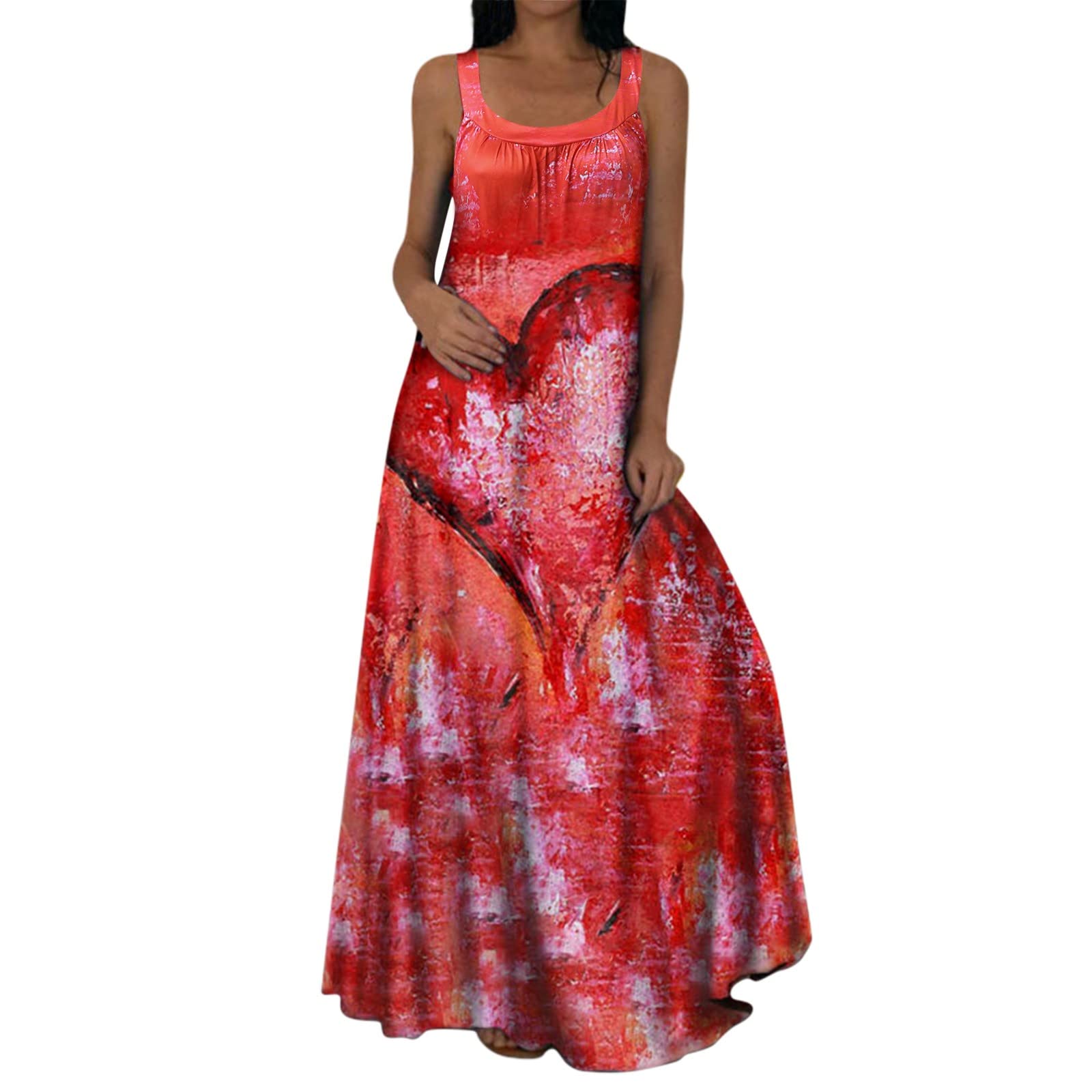 FORUUWomens Boho Maxi Dress 2022 Floral Sexy Sleeveless Summer Dresses Round Neck Loose Fit Beach Sundress Long Dresses A Line Sun Dresses for Ladies Cute Casual Swing Flowy Dresses