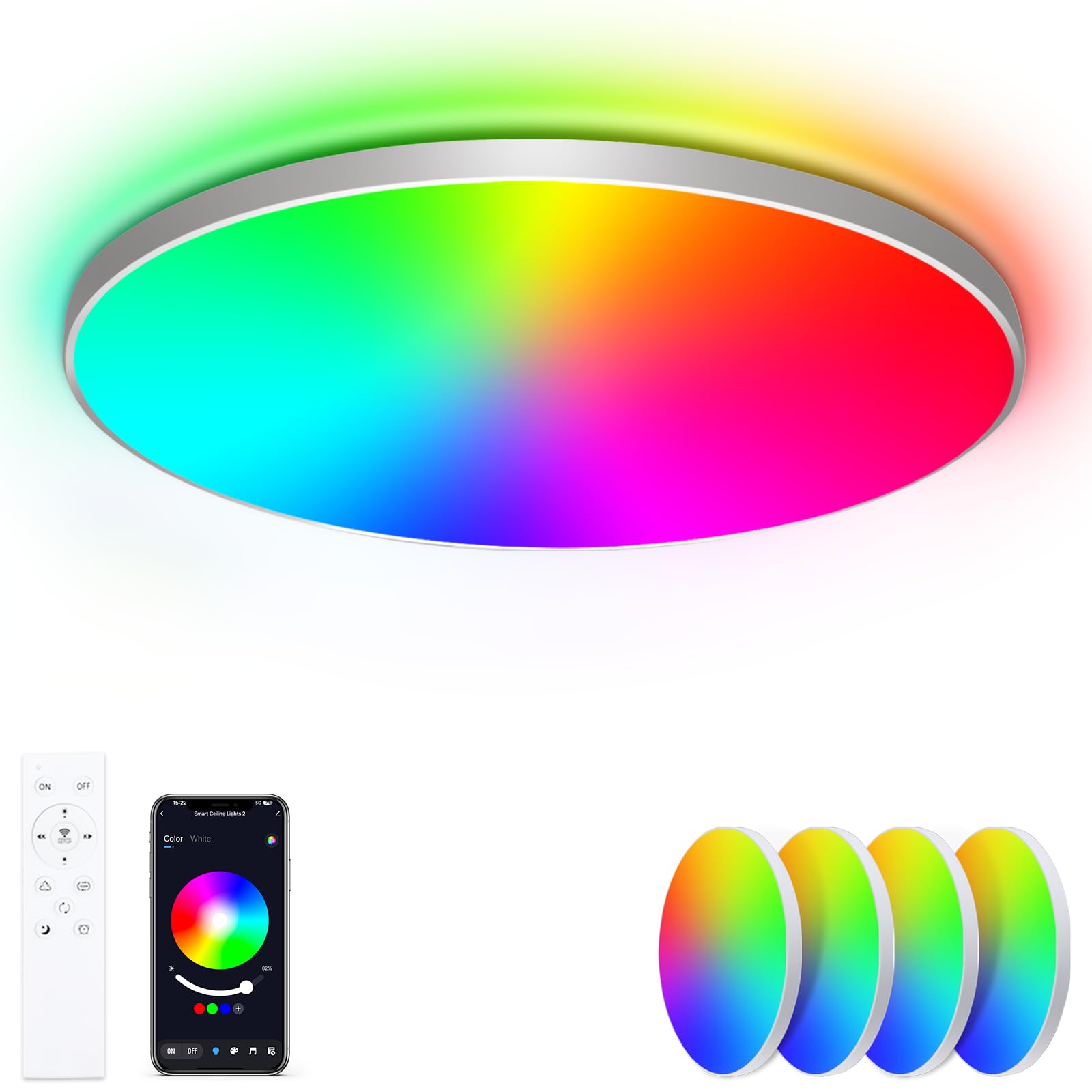Led Deckenlampe Dimmbar mit Fernbedienung, [4 Stücke] 24W 16 Millionen RGB Farbwechsel Smart led Deckenleuchte Steuerbar via App, 2400LM Deckenbeleuchtung Ø30CM Lampe für Wohnzimmer Schlafzimmer, Weiß