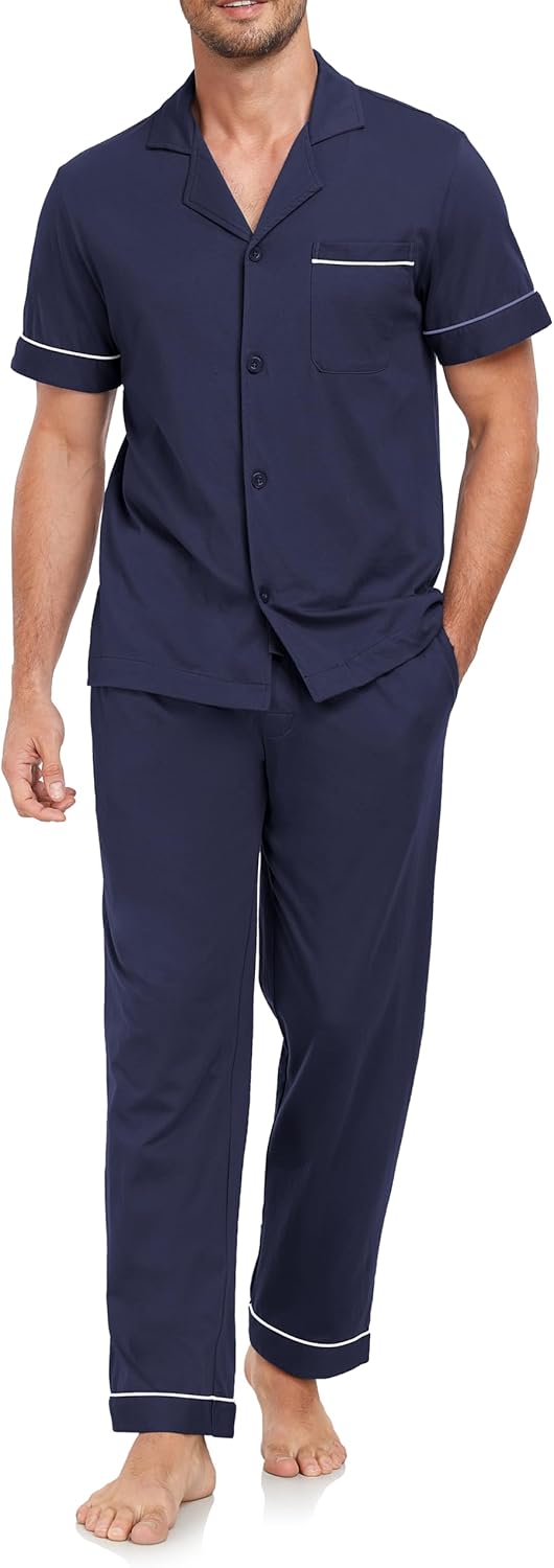 COLORFULLEAF Men's 100% Cotton Pajamas Set Button Down Short Sleeve Sleepwear Long Pants Pjs for Men with pockets