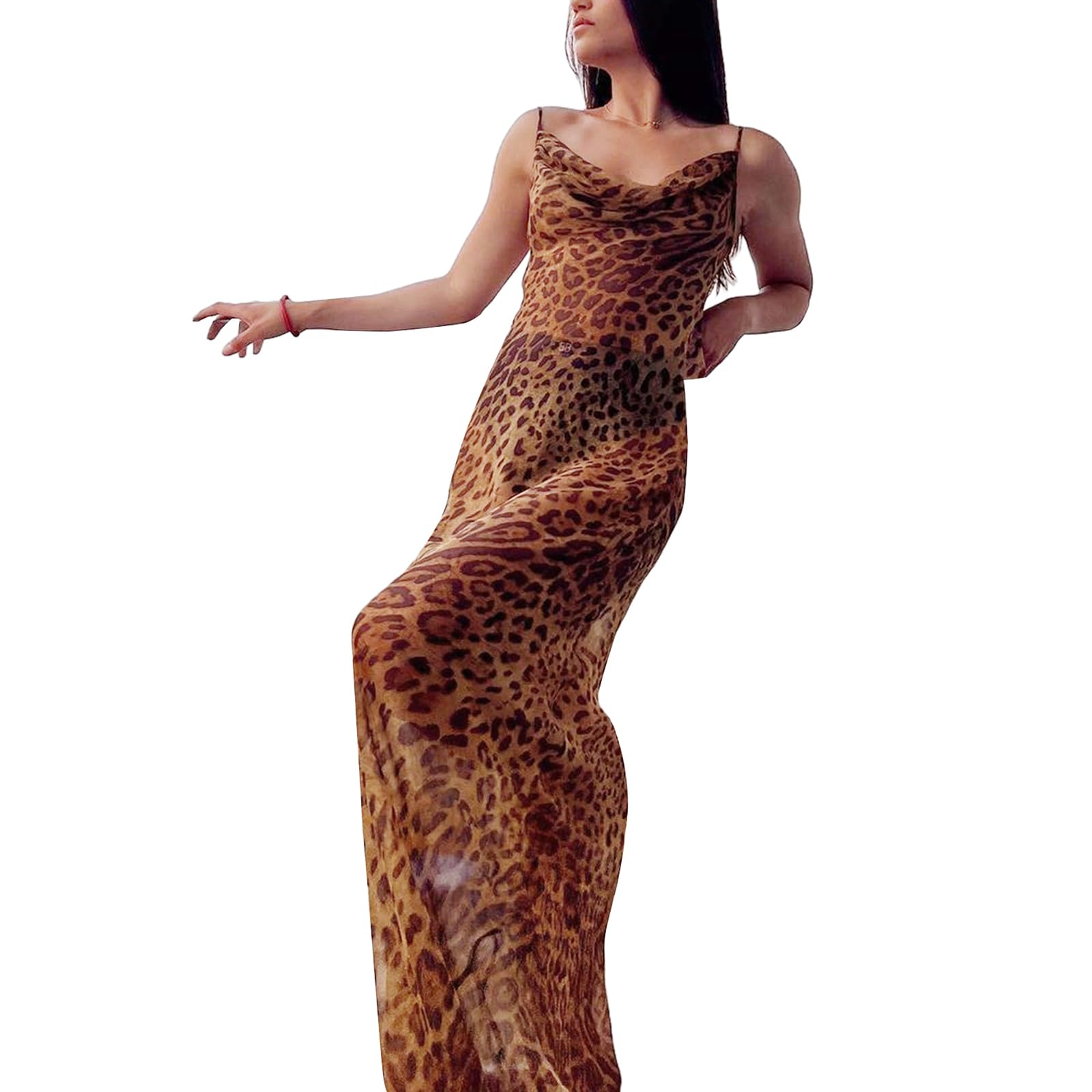 Maxi abito lungo trasparente da donna, abito aderente in rete, a maniche lunghe, abito intimo sexy da clubwear