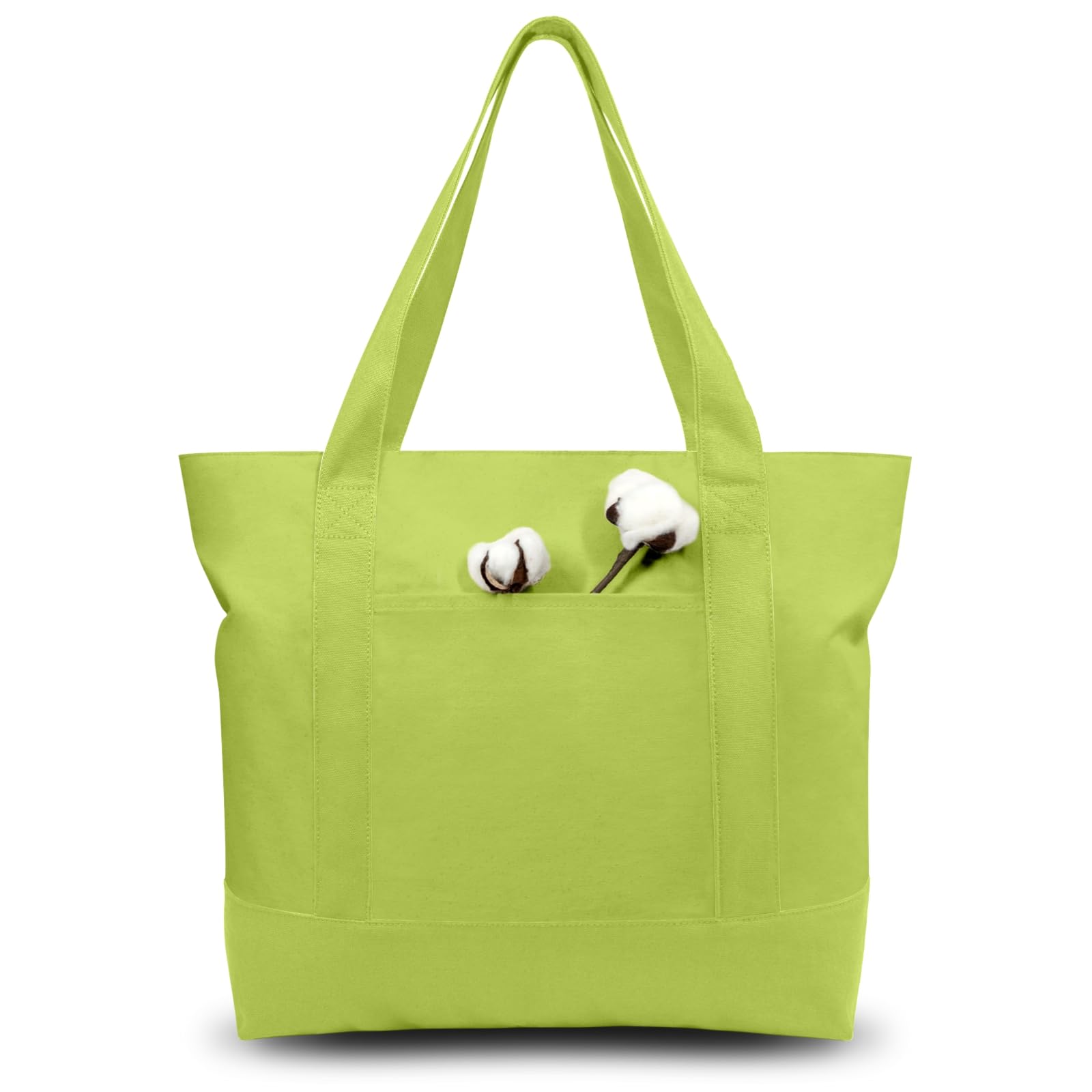 TOPDesign 3-Pack Canvas Tote Bags with an External Pocket, Reusable Grocery Shopping Bags, Top Zipper Closure, Daily Essentials (Light Green) Light Green 3