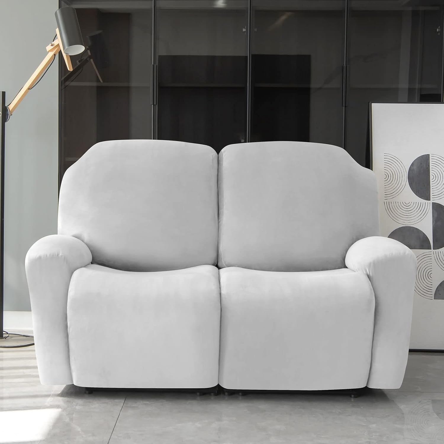 Funda de terciopelo de felpa para sofá reclinable de 2 asientos, funda elástica con bolsillos, suave y cómoda, antideslizante, protector de muebles (gris claro)