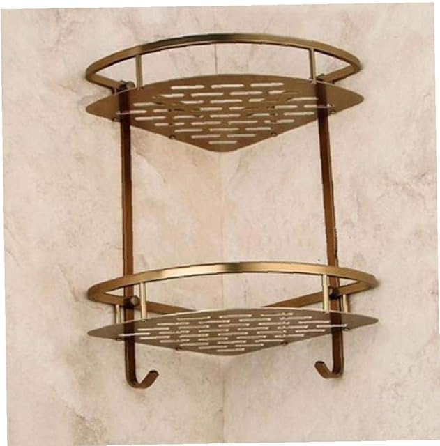 2 Tier Brass Storage Basket,Antique Double Bathroom Corner Shelf,Wall Mounted Shower Caddy Bracket Hanging Drawing Gold Triangle Bath Rack with Hooks