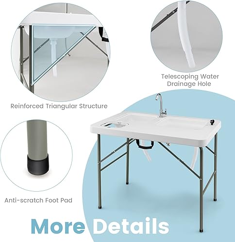 Miniatura 8 de Goplus Mesa plegable de limpieza de peces con doble lavabo de agua mesa de filete resistente con gancho de manguera fregadero y grifo estación