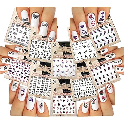 10 Packs Mixed Styles 3D Nail Art Stickers Decals - Feather, Fruit, Butterflies, Hearts, Bows & More For Fingers & Toes Cover