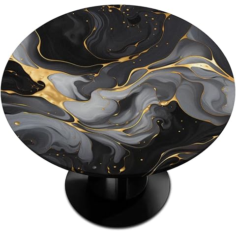 cfpolar Round Fitted Tablecloth Marble Black White Washable Elastic Edge Round Tablecloth Wipeable Large Round Table Cover for Outdoor Party Patio Kitchen Dining Table Decor (Fit for 45"-50" Table) Cover