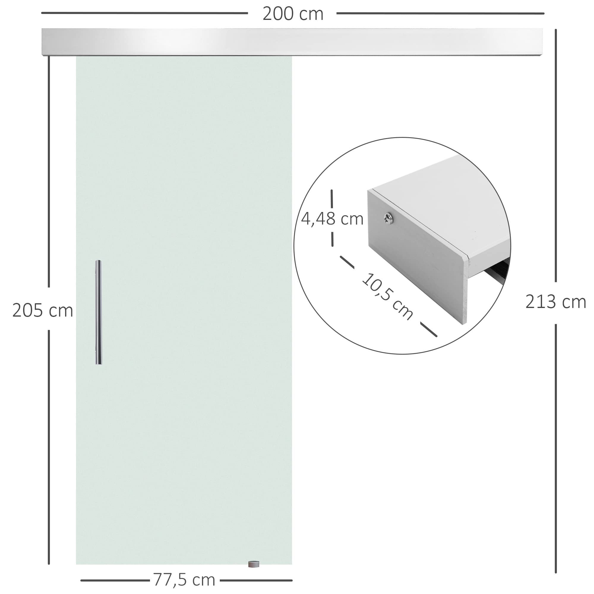 HOMCOM Puerta Corredera 77,5x205 cm Puerta Corrediza de Cristal con Riel Silenciosa para Sala de Estar Comedor Translúcido