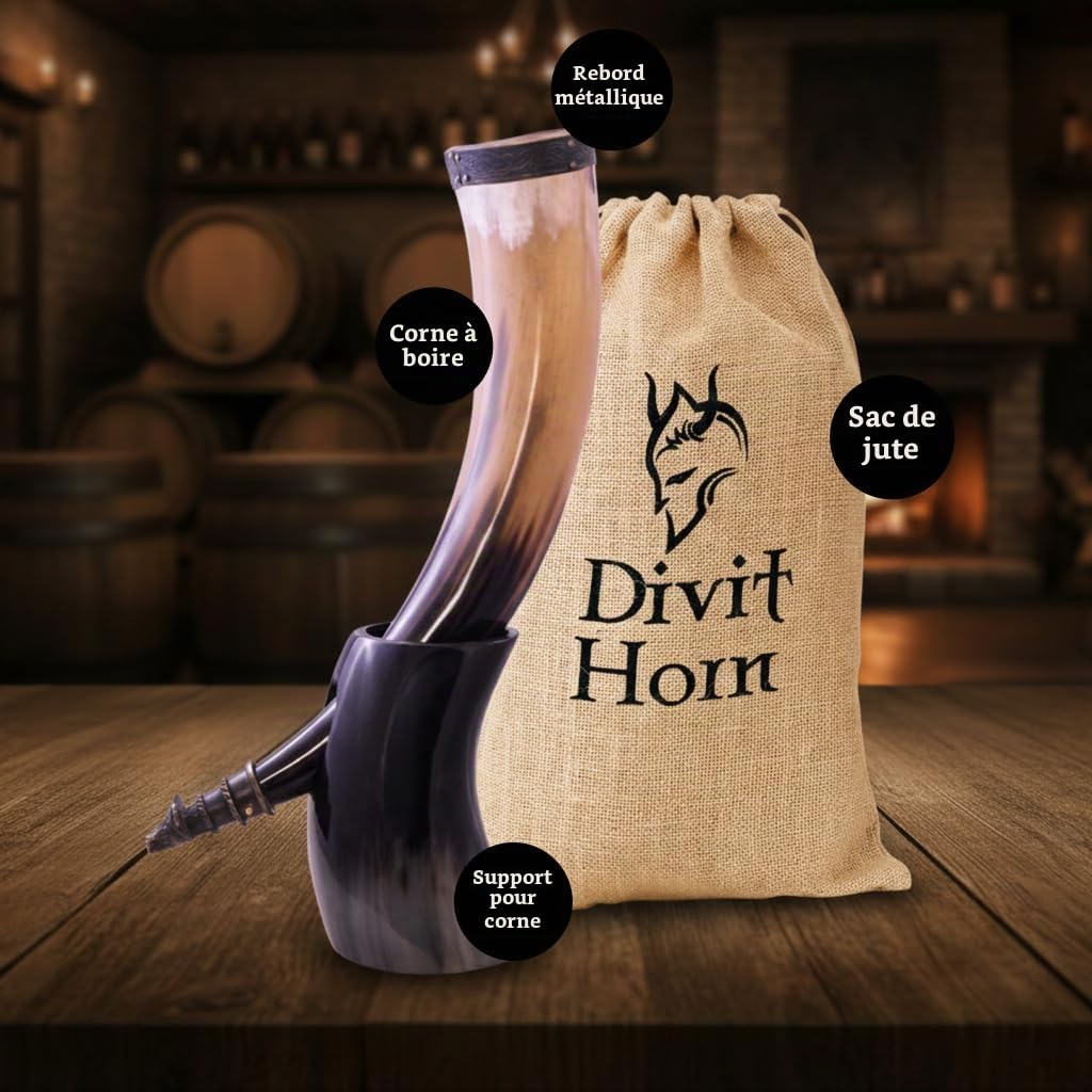 Corne à boire Viking avec support en fer véritable Divit | Ornements en laiton et sac-cadeau en toile de jute inclus | Corne de 13 ’’et capacité de 16 oz(450-500ml) (Wolf, Polished)