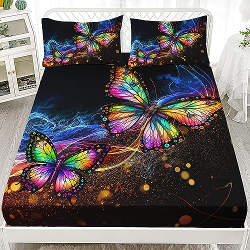 AILONEN Beautiful Butterfly Queen Size Fitted Sheet, Gradient Colour Butterfly Bedding Set for Girls Kids,Butterfly Animal Bed Sheet Set 3PCS,1 Fitted Sheet and 2 Pillowcase