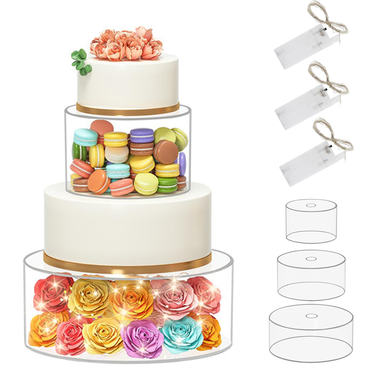 Alzata per Torta, 3 Pezzi Espositori per Torta in Acrilico Alzata per tortas Trasparente con luci LED Riempibile Alzatina per Dolci per Compleanni alzata Rotonda Cupcake per Feste
