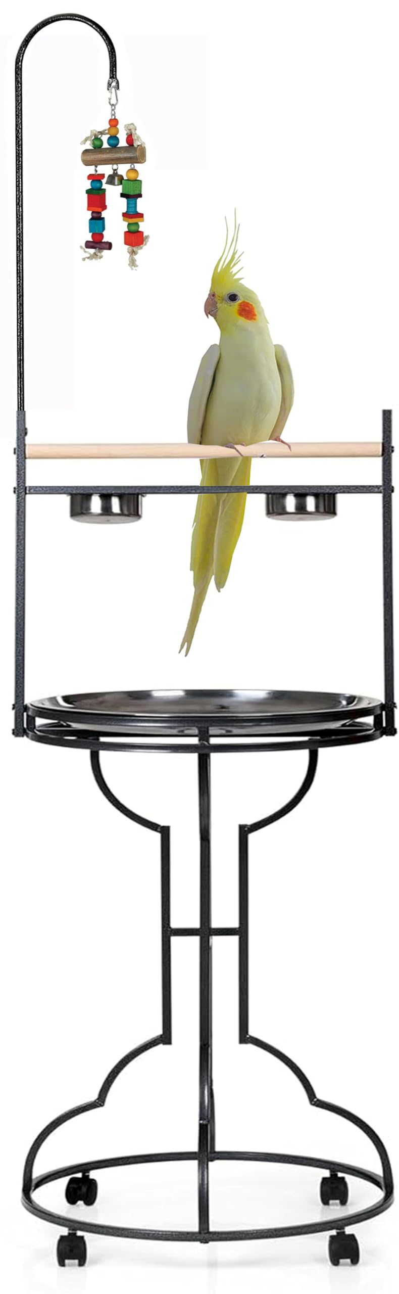 Elegant Design Wrought Iron Parrot Cockatiel Cockatoo Bird Play Perch Gym Ground Rolling Stand with Removable No Rust Stainless Steel Pan and Feeder Cups