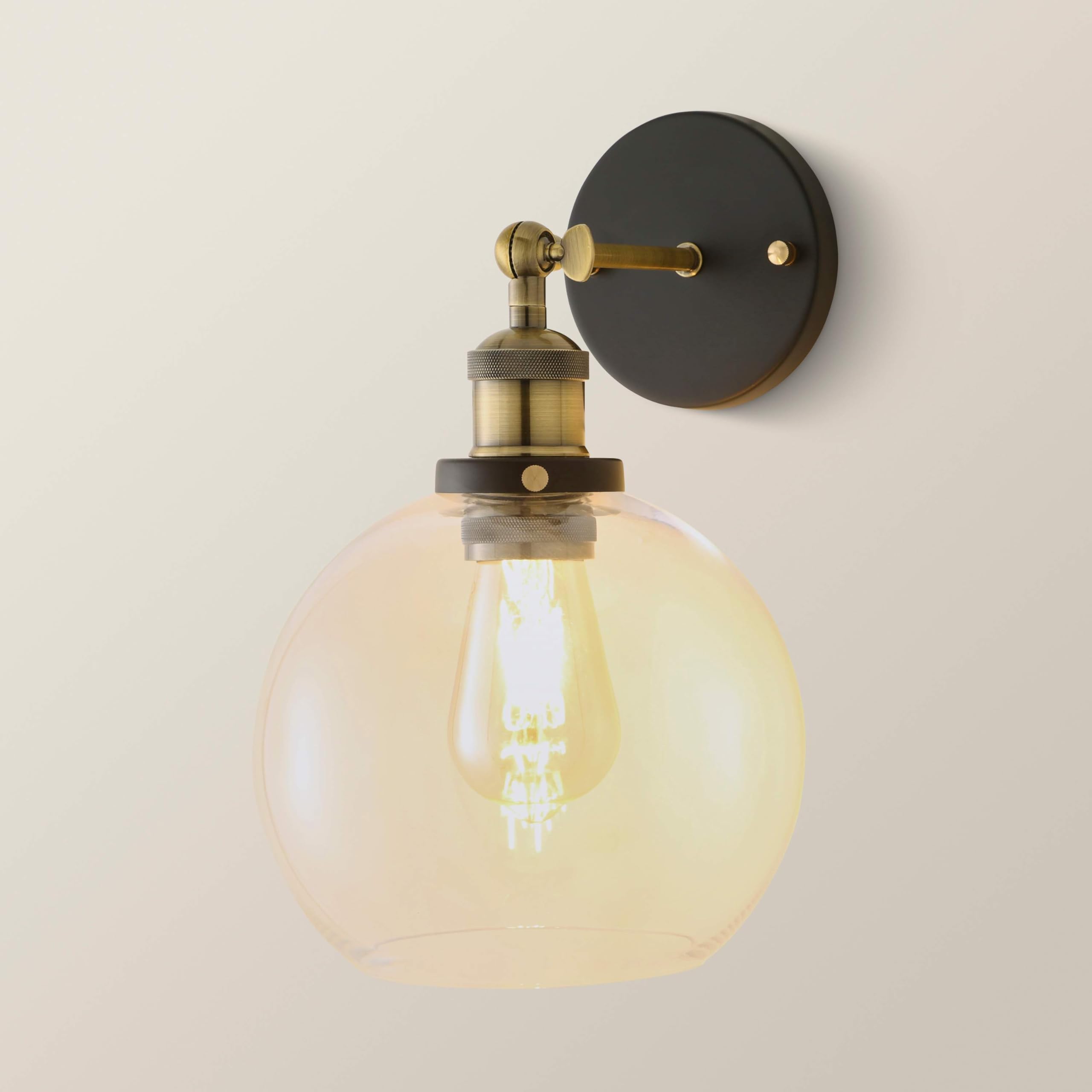MiniSun | Industrial Steampunk Style Black and Gold Wall Light Fitting with an Amber Tinted Clear Glass Globe Shade | Wall Lamps & Sconces, Home Décor & Improvement Essential | Mains Wired