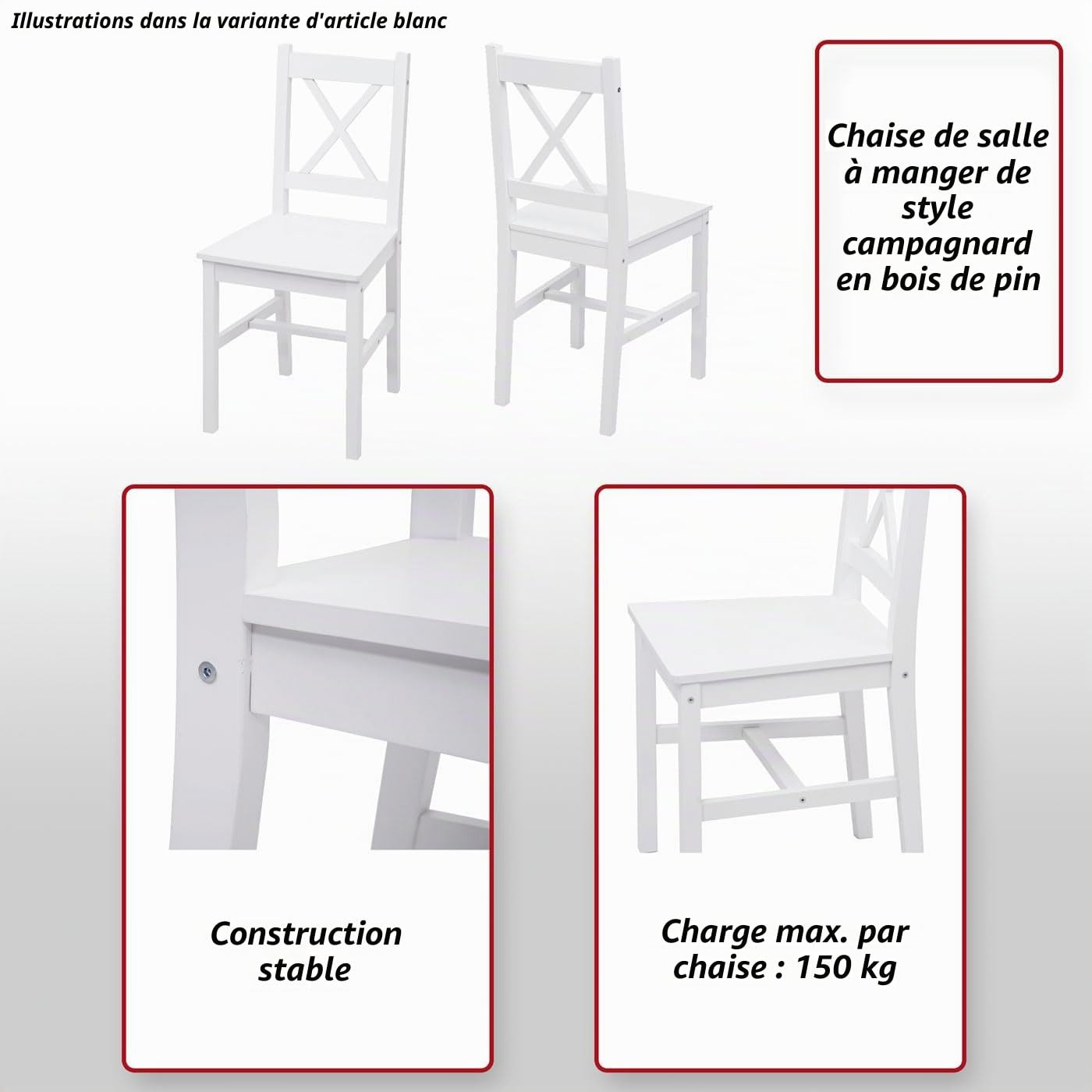 4x chaise de salle à manger HWC-F77 bois massif bois de pin finition lasure