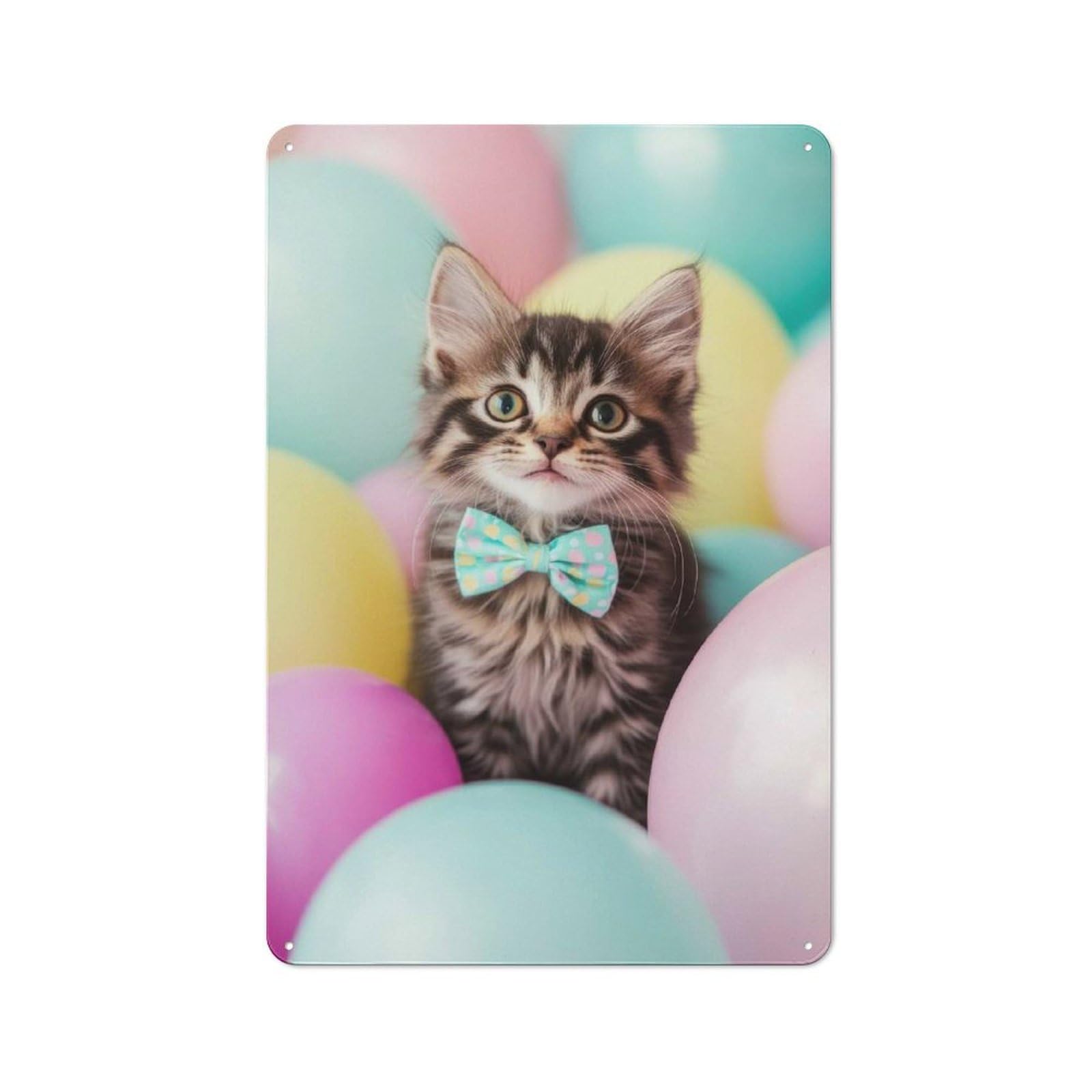 Junmoney Kitten With Bowtie And Balloons Cottage Tin Sign 30X20cm Featuring Porch Wall Decor For Shed, Garden Room, Porch Or Garage
