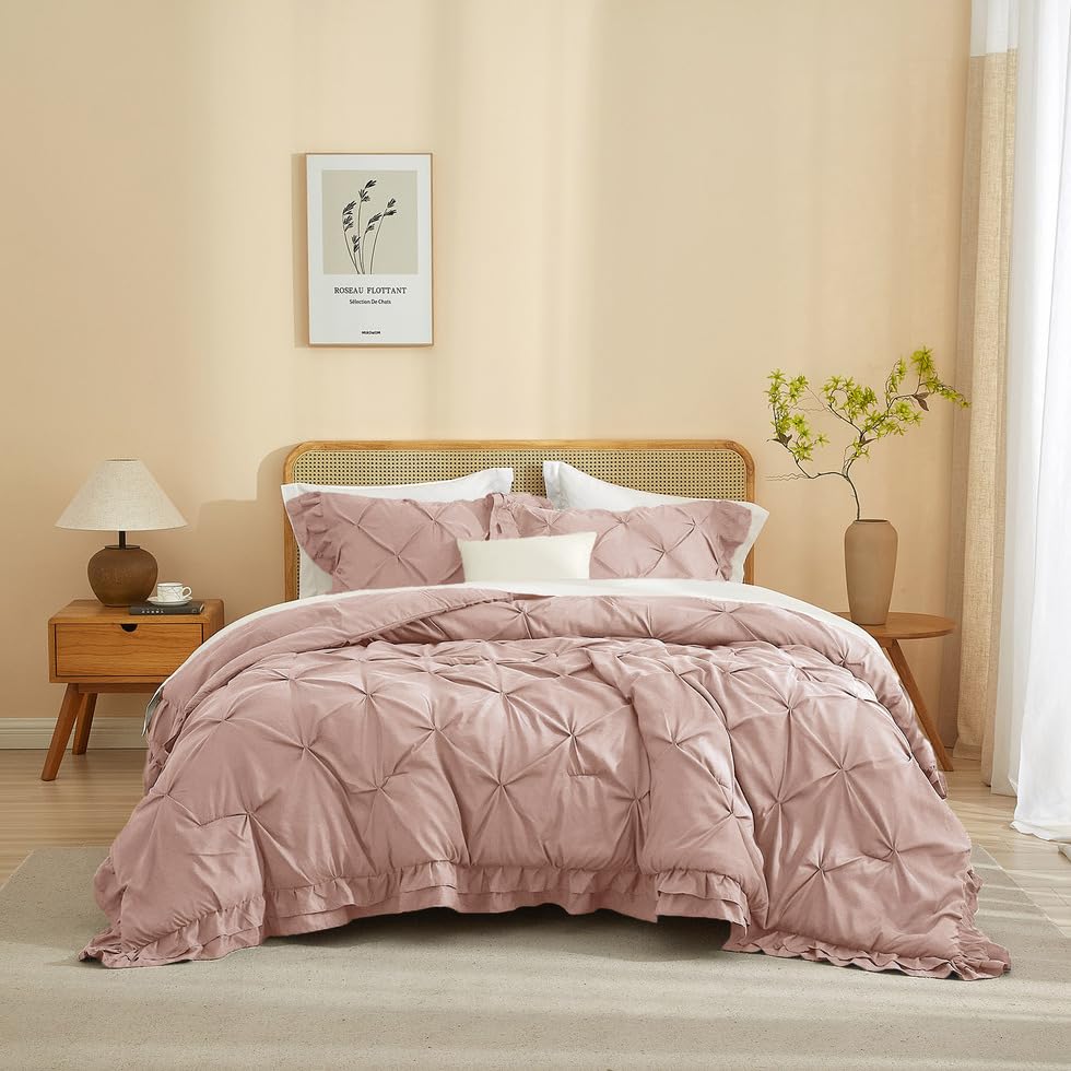 Juego de edredón con volantes rosa de microfibra individual XL para cama de estilo bohemio vintage