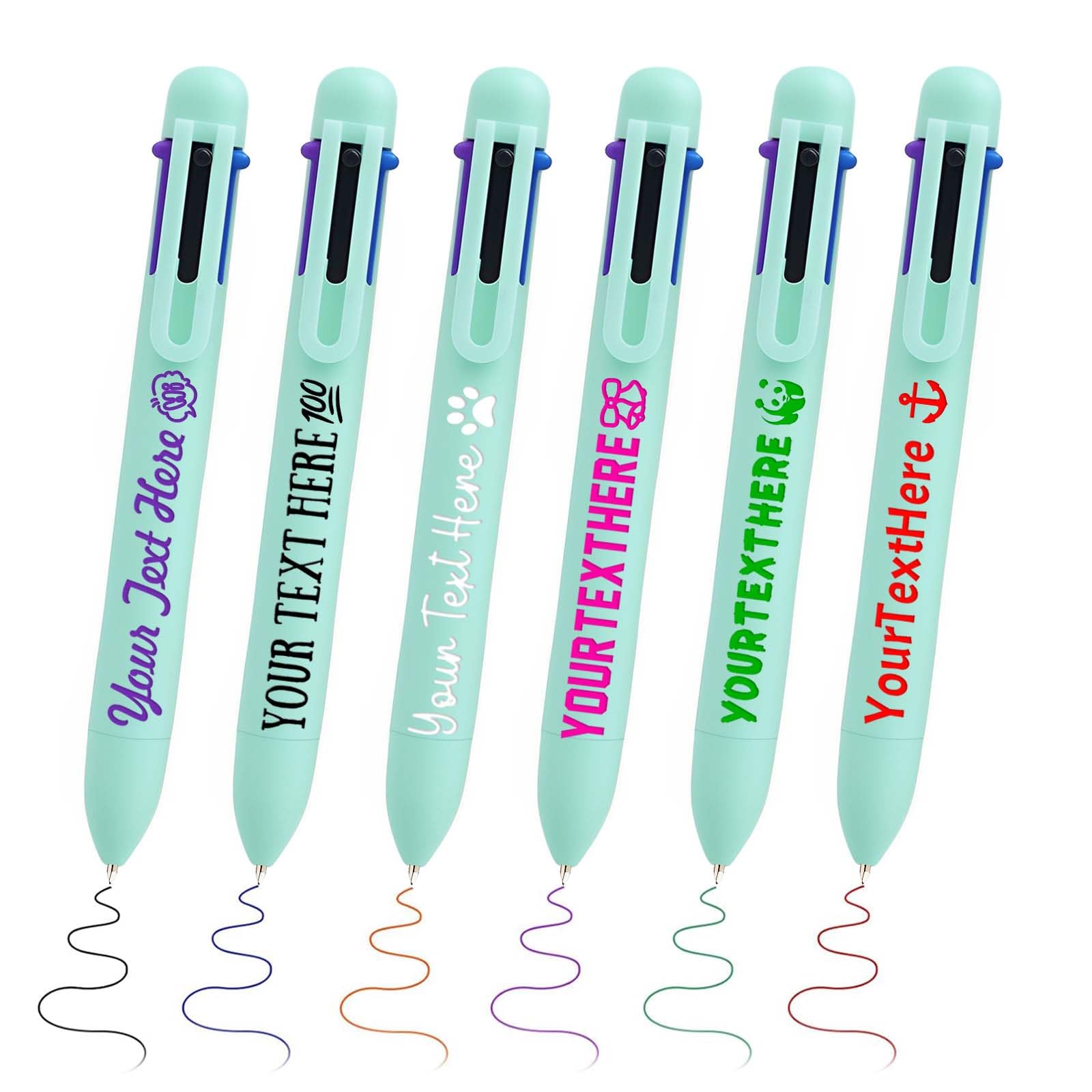 STREADVE 6-in-1 Personalised Pens Multicoloured Ballpoint Pen Custom Pens with Name Logo Customised Coloured Pen School Supplies for Nurse Kids Students Teacher Office, Green