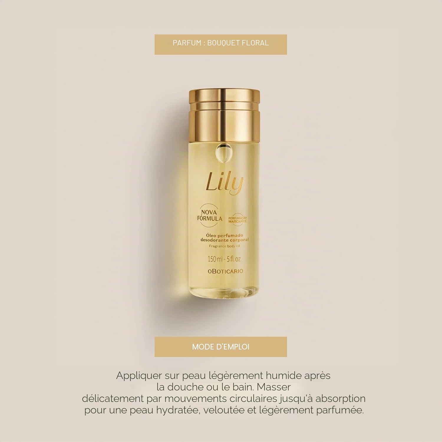 O Boticário Lily Set cadeau, parfum et soins de la peau avec 3 produits, crème hydratante pour le corps 250 g, huile de corps parfumée 150 ml et Eau de Parfum EDP 75 ml