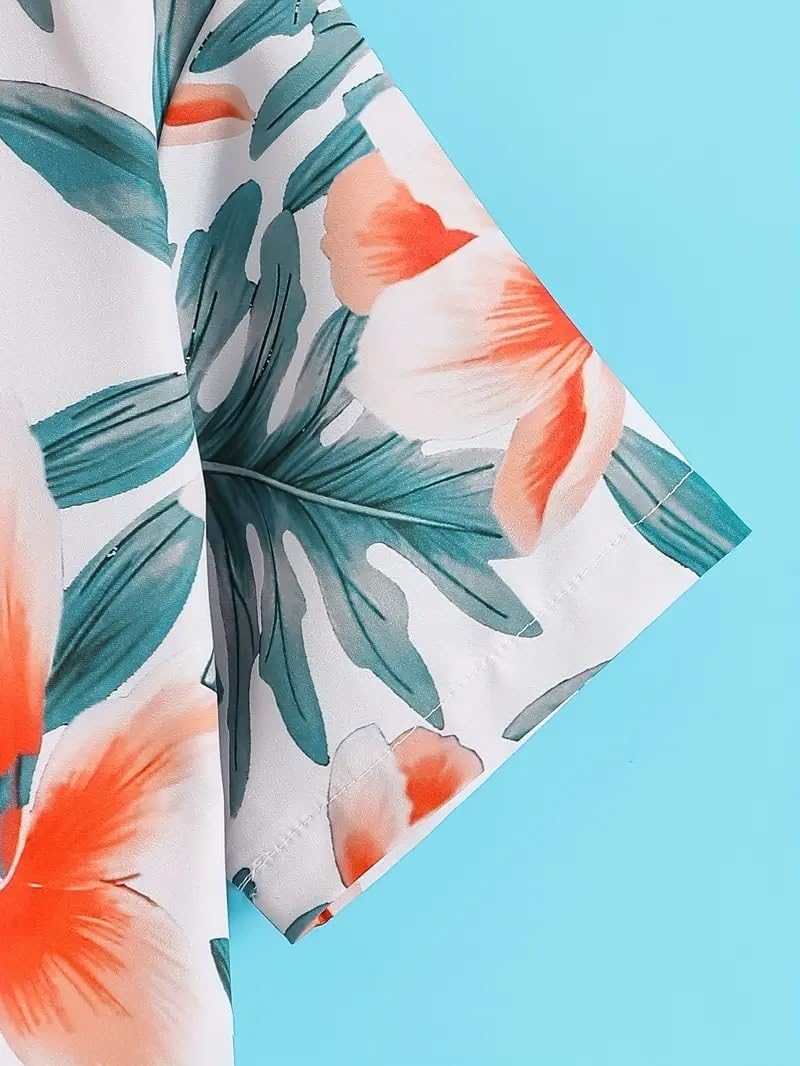 Niren Enterprise Cotton Fabric Casual Half Sleeve Floral Leaf Printed Pattern Kids Boys Shirt White Orange Green Colour 3