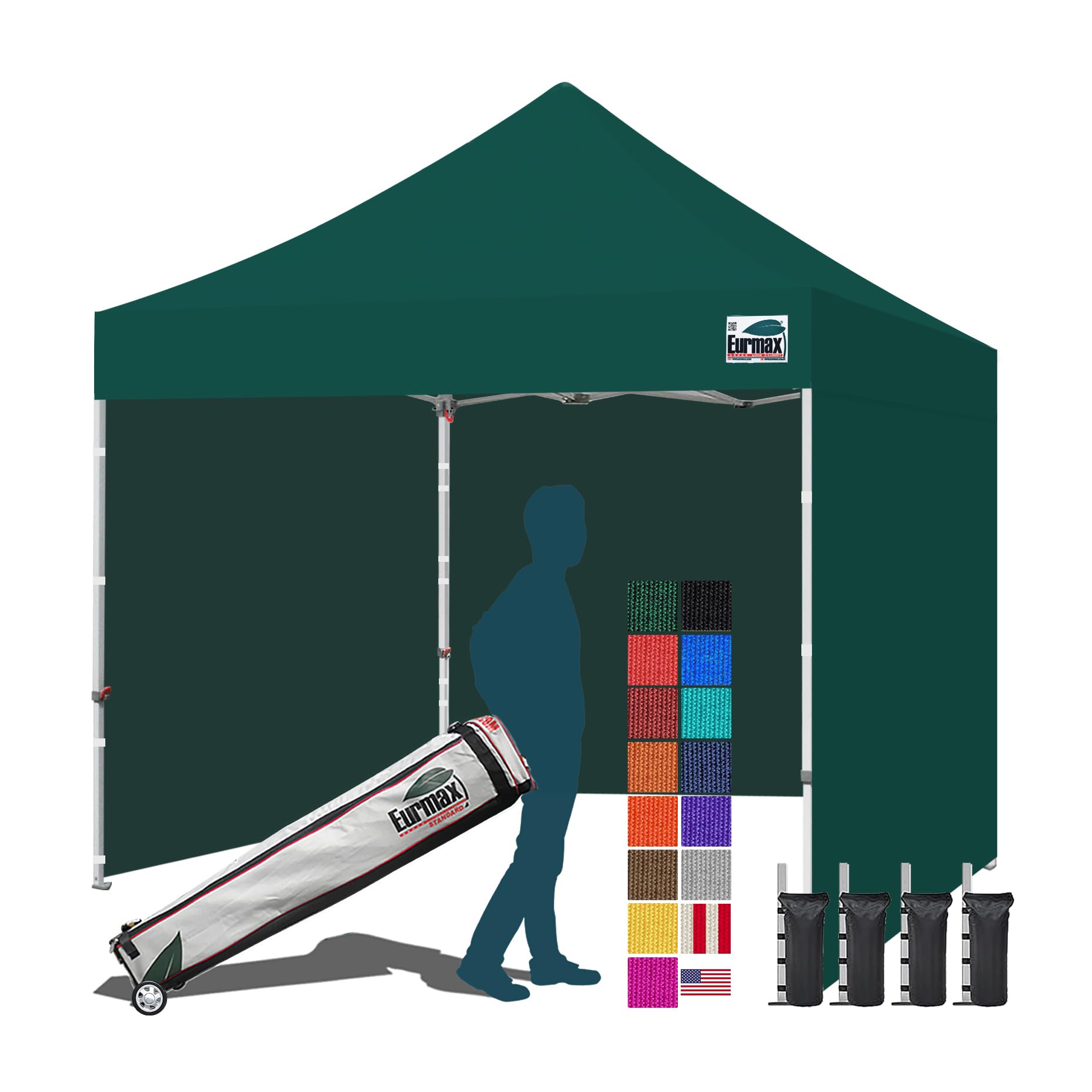 Eurmax USA 10x10 Pop Up Canopy Tent,Commercial Tent with Patented No-Tip Rolling Bag,4 Zippered Removable Walls,UV &amp; Water Resistant Canopy Top,Heavy Duty Outdoor Gazebo,Instant Shelter(Forest Green)
