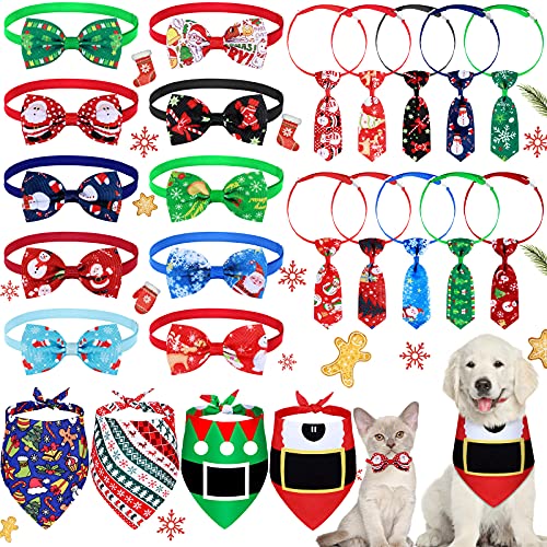 Christmas Dog Bow Ties Collar Set, 24 Pieces Pet Tie Accessories with 4 Pieces Dog Bandanas Scarf 10 Pieces Dog Neckties 10 Pieces Dog Bowties Adjustable Santa Clause Dog Cat Collar Pet Xmas Supplies