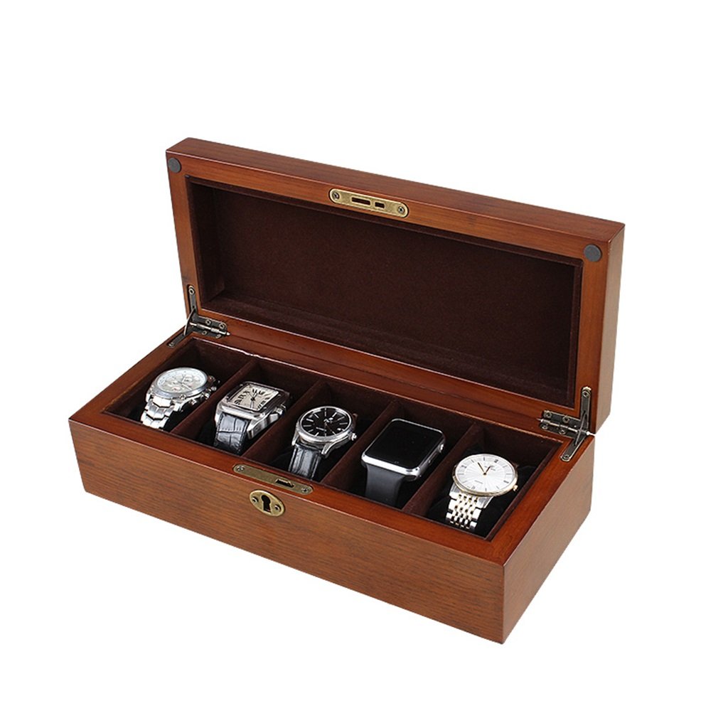 ANVLOJRIH Wooden Watch Box - Display Stand/Box Set/Storage Box for Jewelry Watches - 5 Grids Watch Display Box (Storage Box for Watches with Lock)