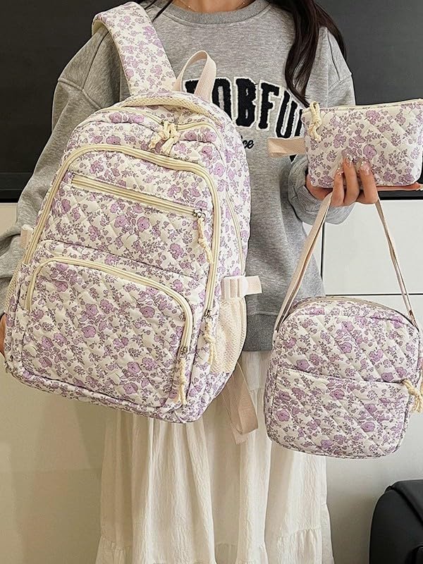 Coquette Floral Quilted Backpack 3Pcs Set,Coquette Floral Rucksack,Kawaii Backpack Set Quilted Daypack with Small Crossbody (Purple)4