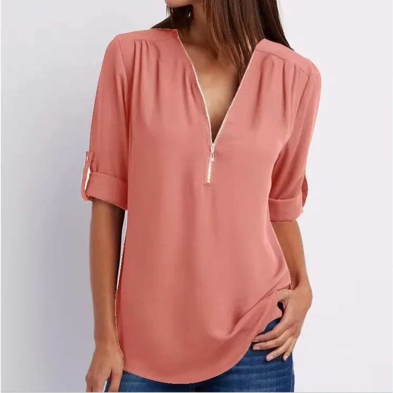 Blusa Mujer Cuello V Gasa con Cremallera Corte Holgado