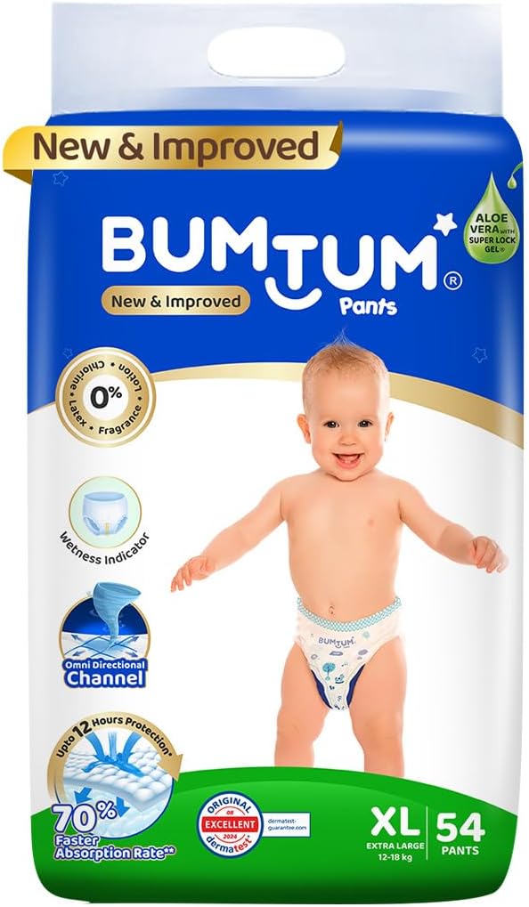 Bumtum Baby Diaper Pants with Double Leakage Protection - 12 to 18 Kg (54 Count, X-Large)