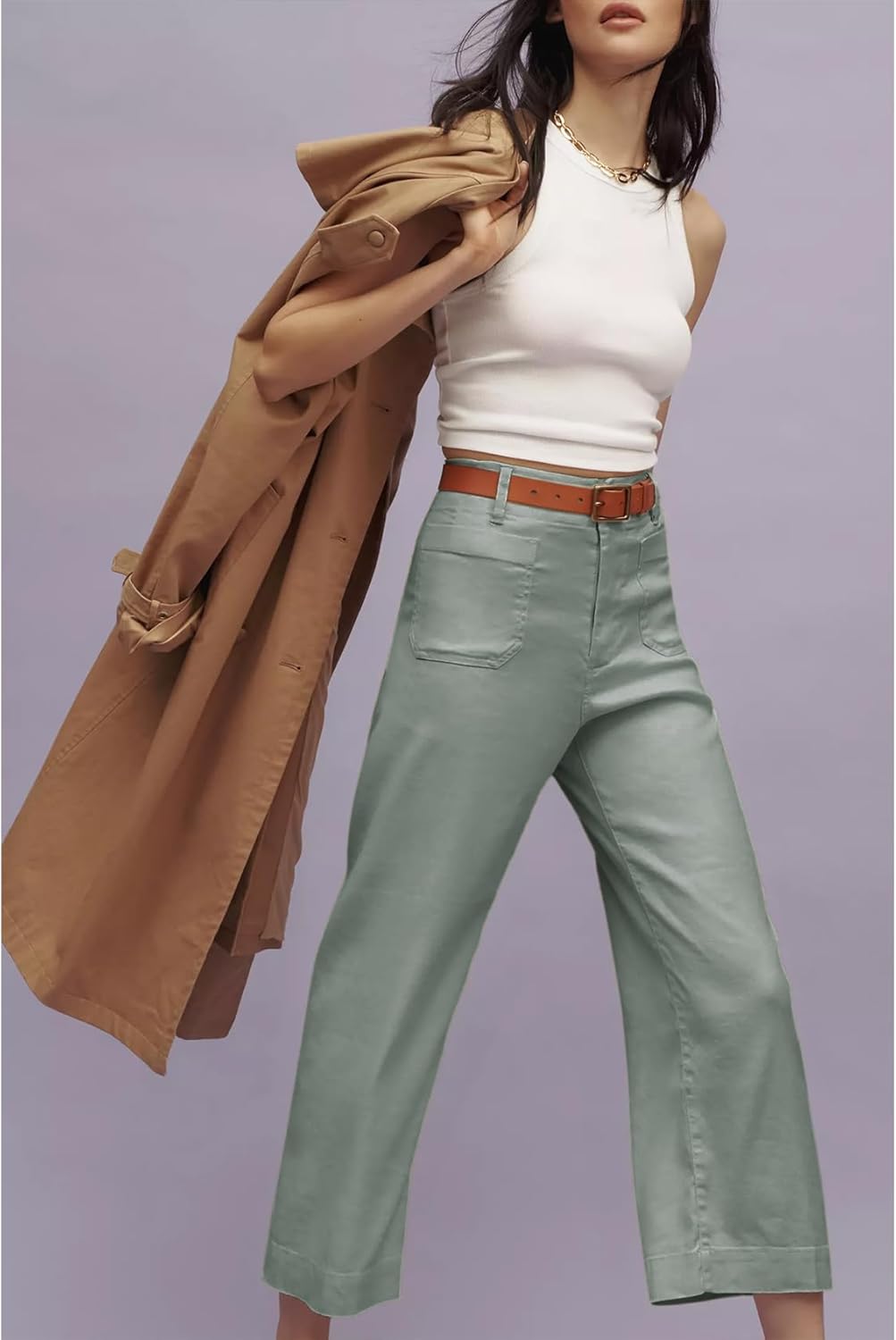 Womens Linen Pants Cropped Wide-Leg Pants Casual High Waist Baggy Pants Stretchy Straight Trousers with Pockets(Cyan-L) - Image 4