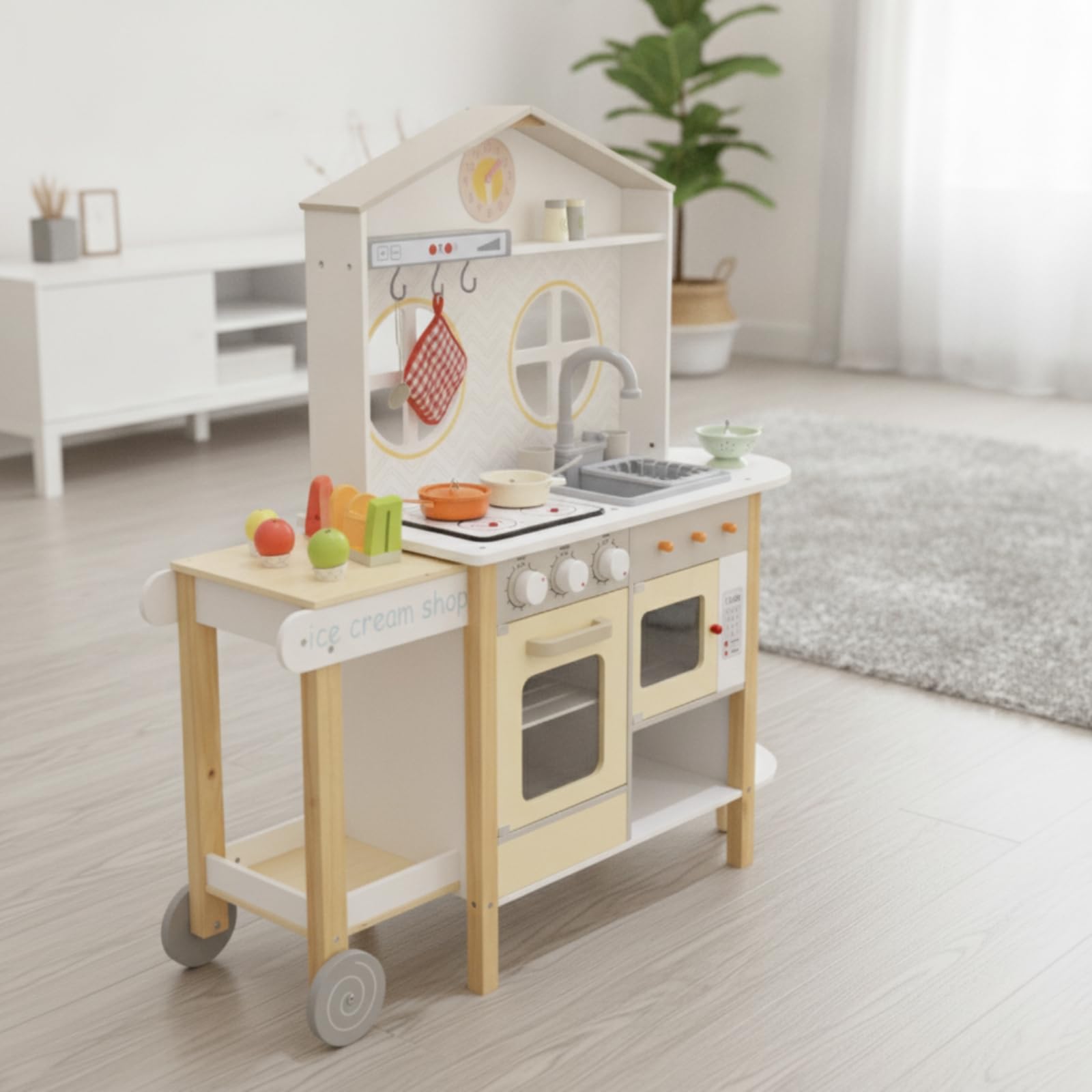 Cocina de Juguete Infantil de Madera Juego de Cocina Fregadero Placa Horno con Juego Completo de Accesorios Estantes Abiertos y Panel Trasero