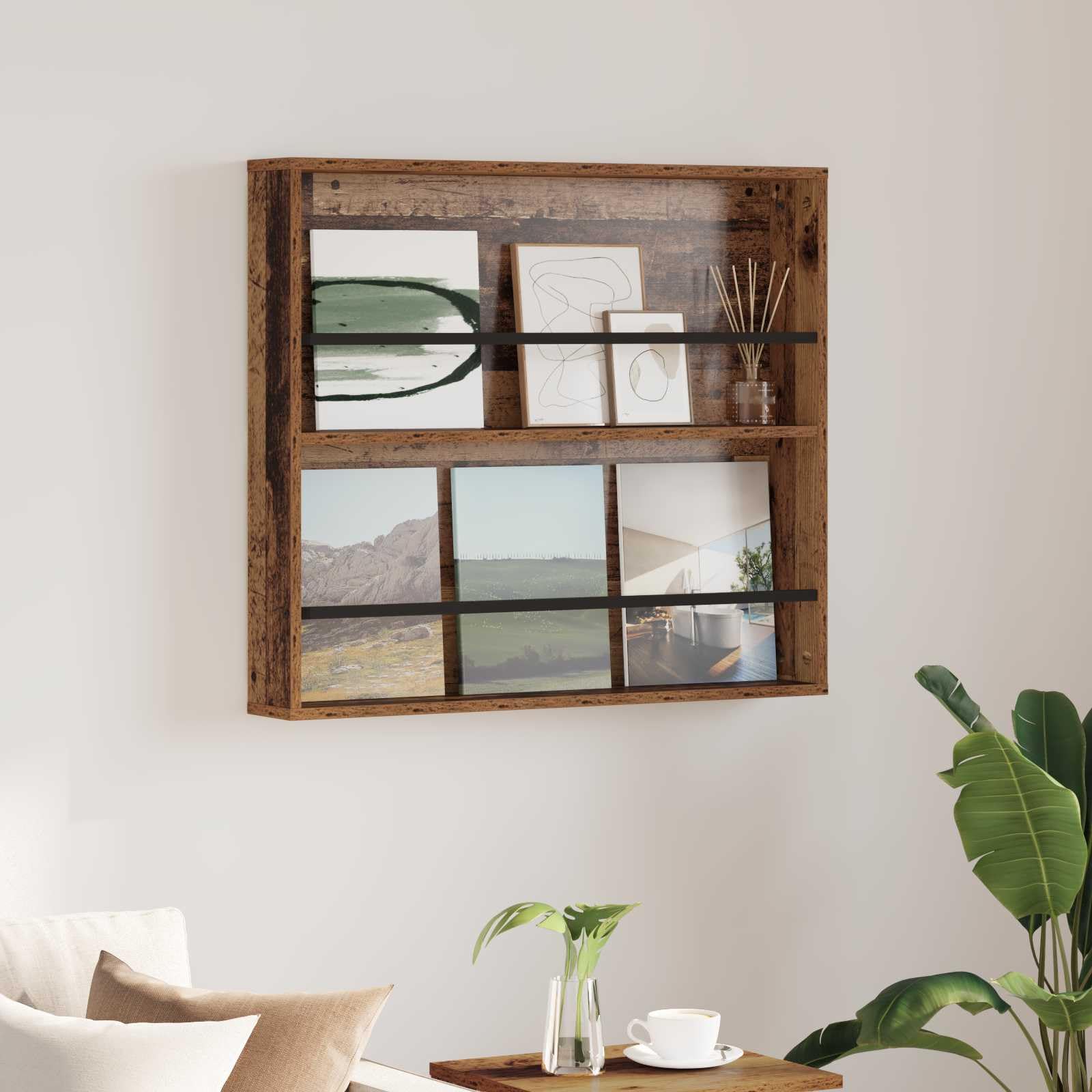 Étagère à revues en bois mural pour un salon vintage et ordonné