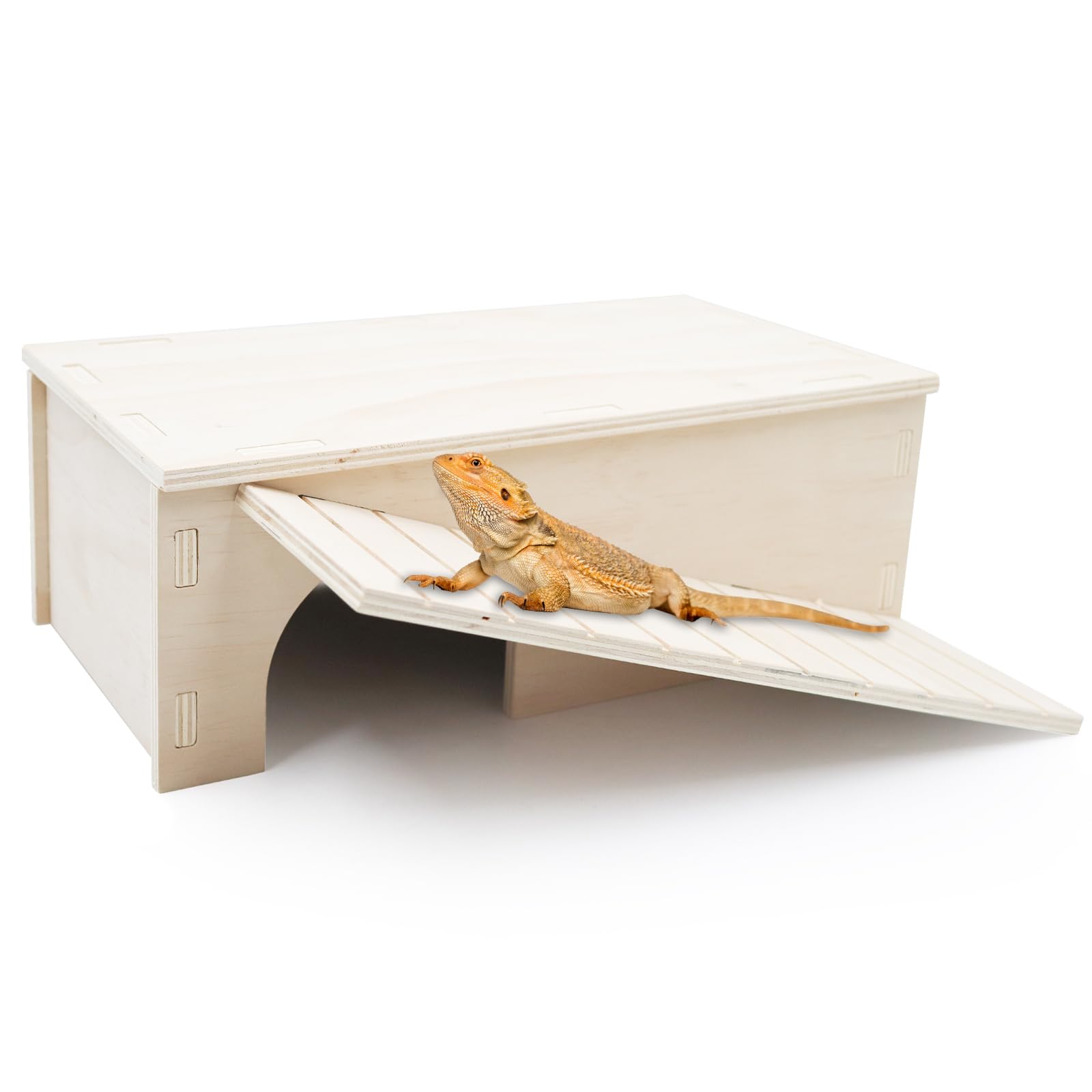 Bearded Dragon Hide Cave, Wooden Lizard Hideout with Climbing Ramp, Reptile Habitat with Basking Platform, Tank Accessories for Bearded Dragon Lizard Chameleon Hamster 12.9 × 11 × 4.7 Inch