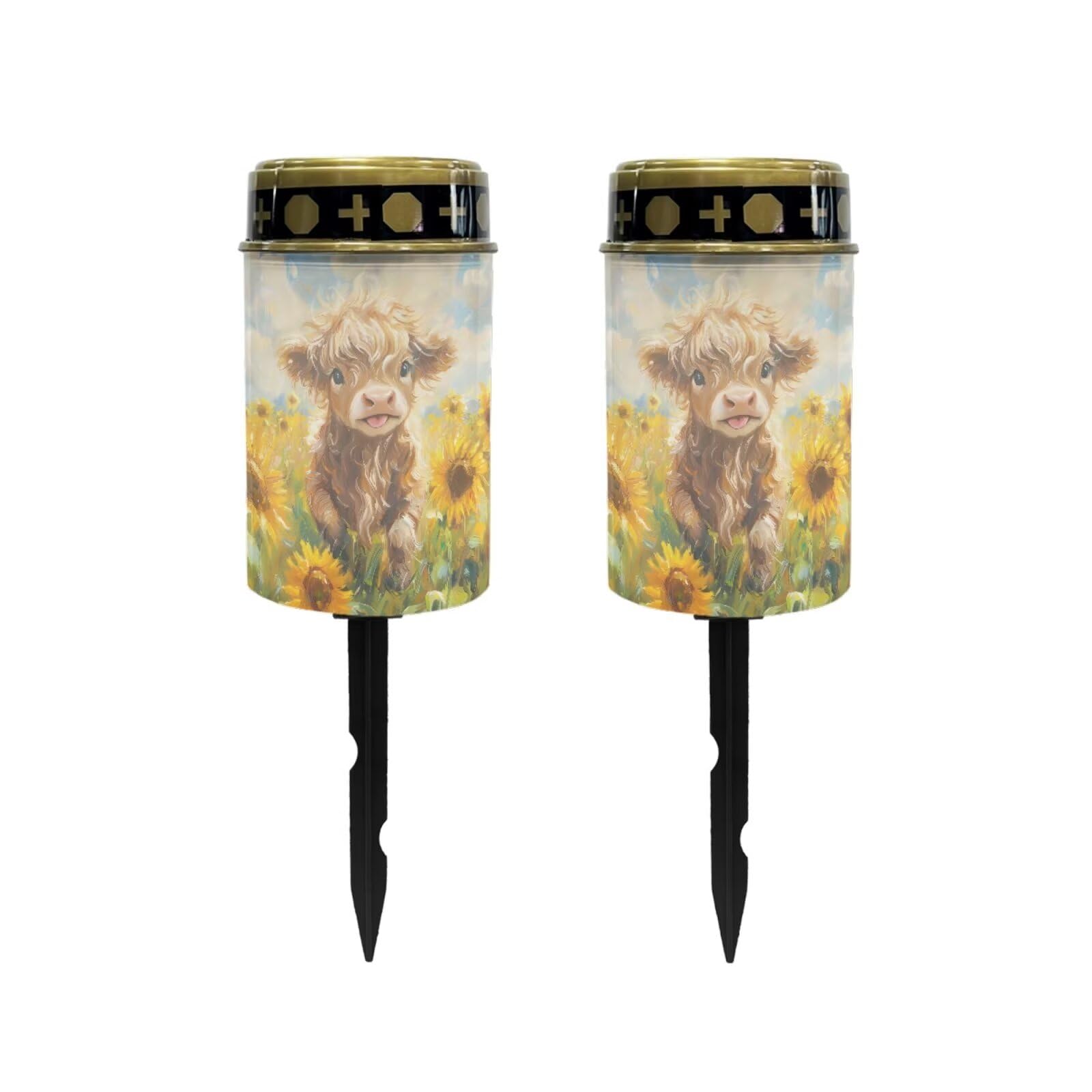 Poceacles Solar Lights Pack of 2 Solar Outdoor Lights Outdoor Waterproof Stake Solar Lights Votive Candles Grave Solar Candles for Memorial Day Pathway Decorations, Cute Cow Sunflower