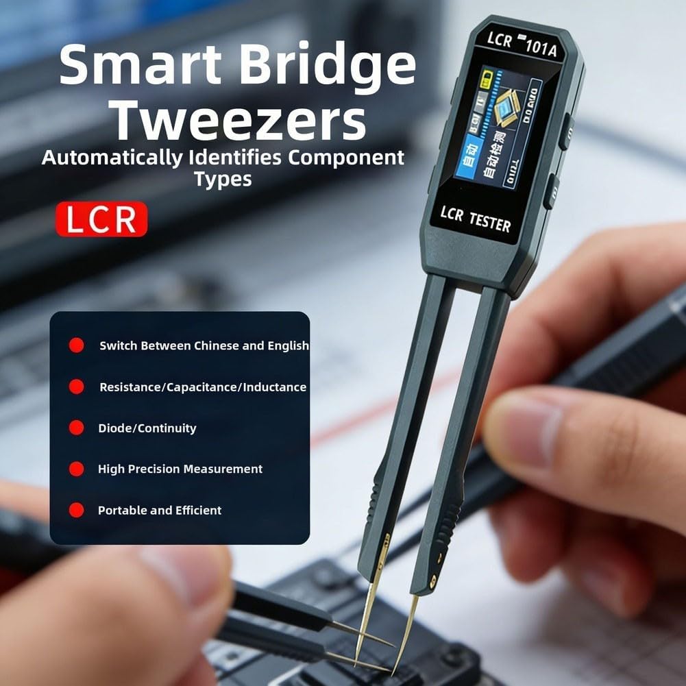 Intelligent LCR Tweezer Meter with 1.14 Screen, Component Tester C/L at 100Hz/1KHz/10KHz, USB-C Rechargeable Bridge