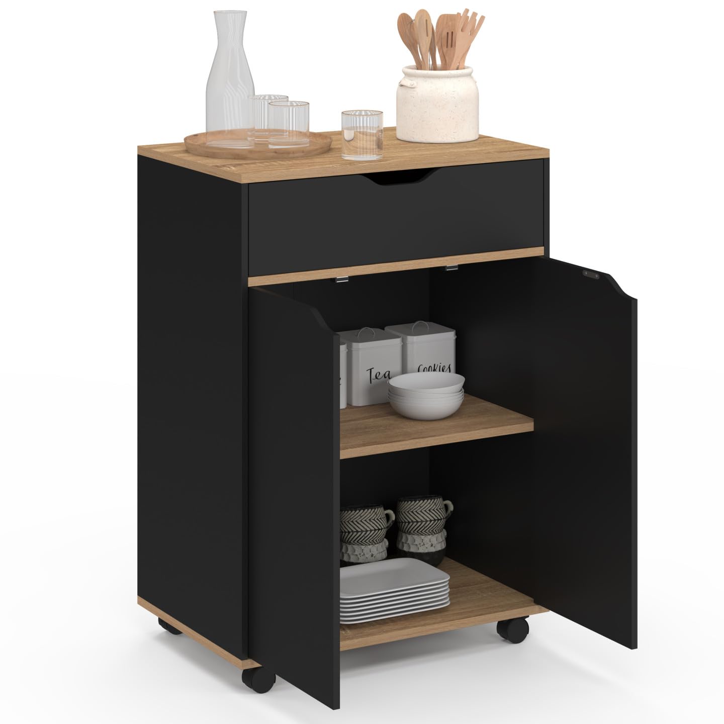 IDMarket - Desserte de cuisine COSY placard avec tiroir bois noir et plateaux façon hêtre L.60 CM