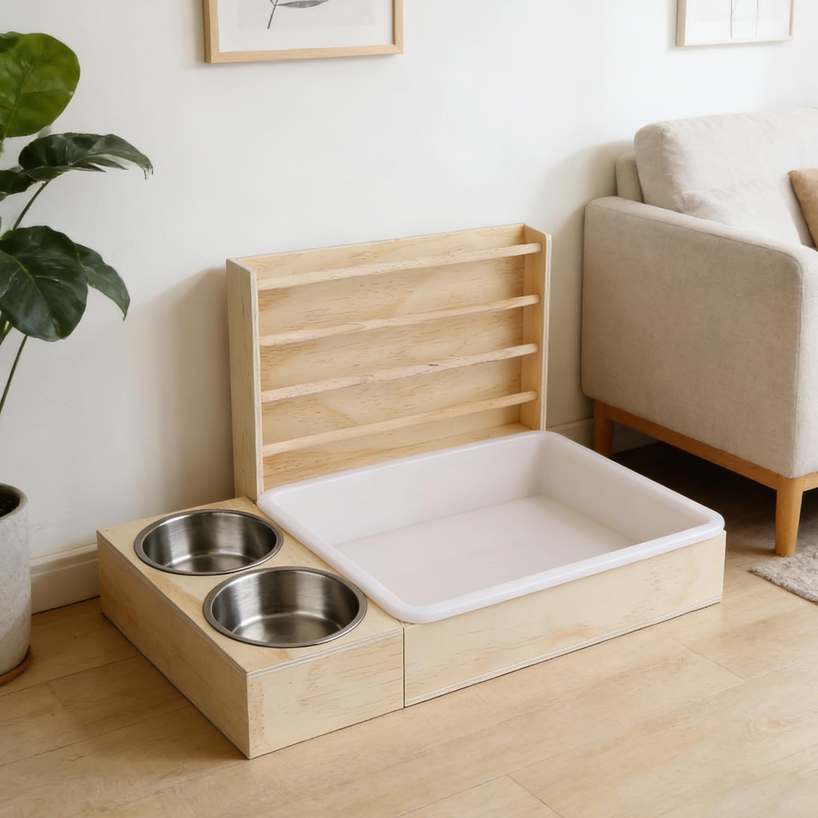Mangeoire à foin 3 en 1 pour lapin avec bac à litière et bols - Station d'alimentation en bois avec support à foin - Distributeur de nourriture pour lapin - Pour cochon d'Inde, hamster, chinchilla et