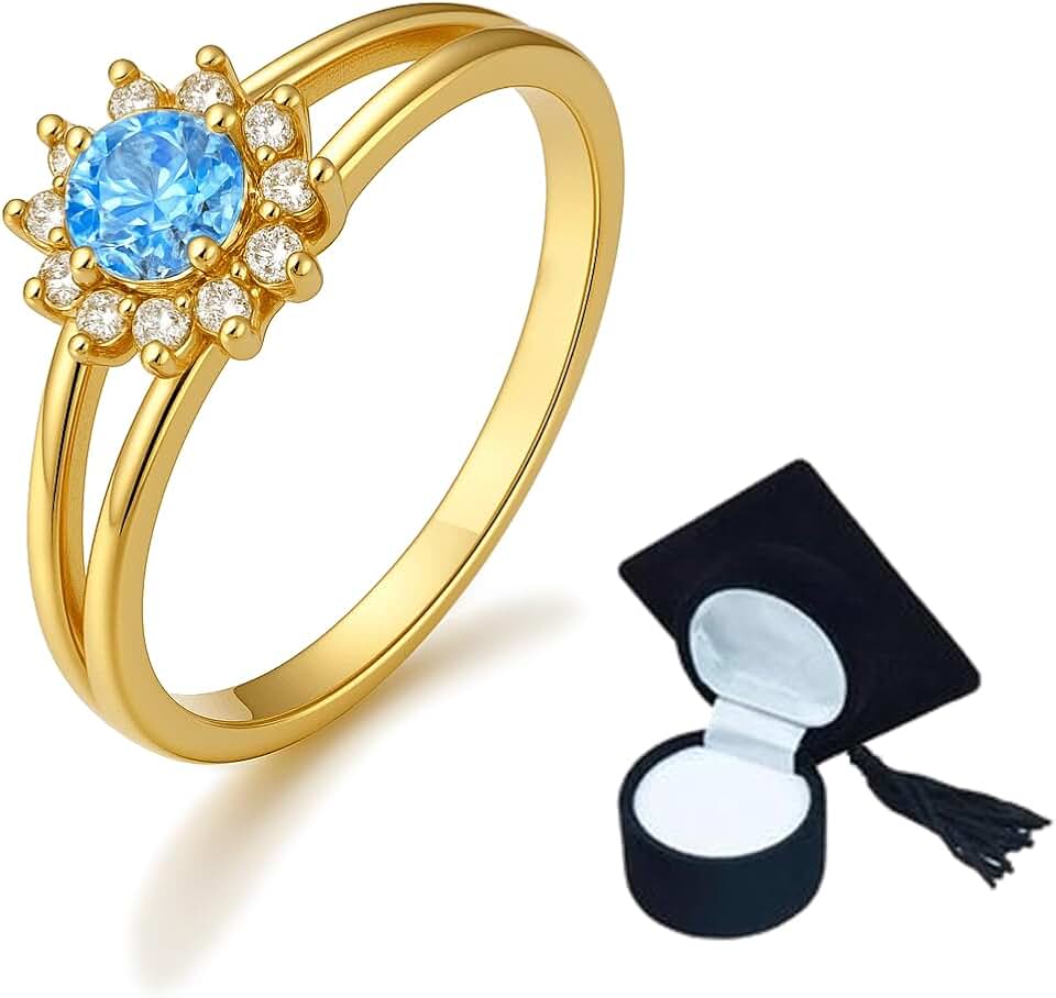 Anel Formatura Ensino Fundamental Azul Claro Banhado a Ouro 18k + Caixinha Capelo