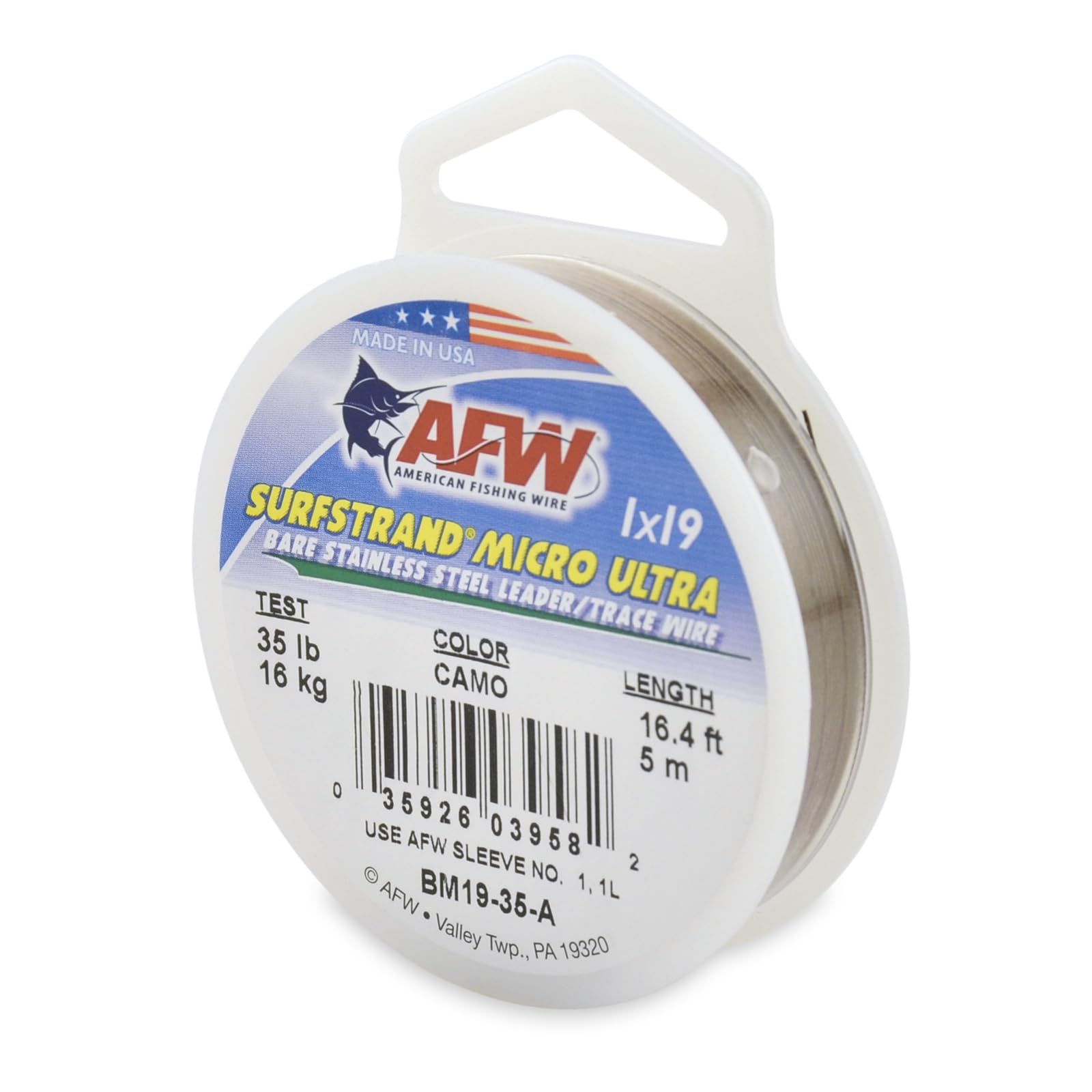 American Fishing Wire Surfstrand Micro Ultra, Bare 1x19 Stainless Steel Leader Wire, 35 lb Test, 0.014" Diameter, Camo, 5 m